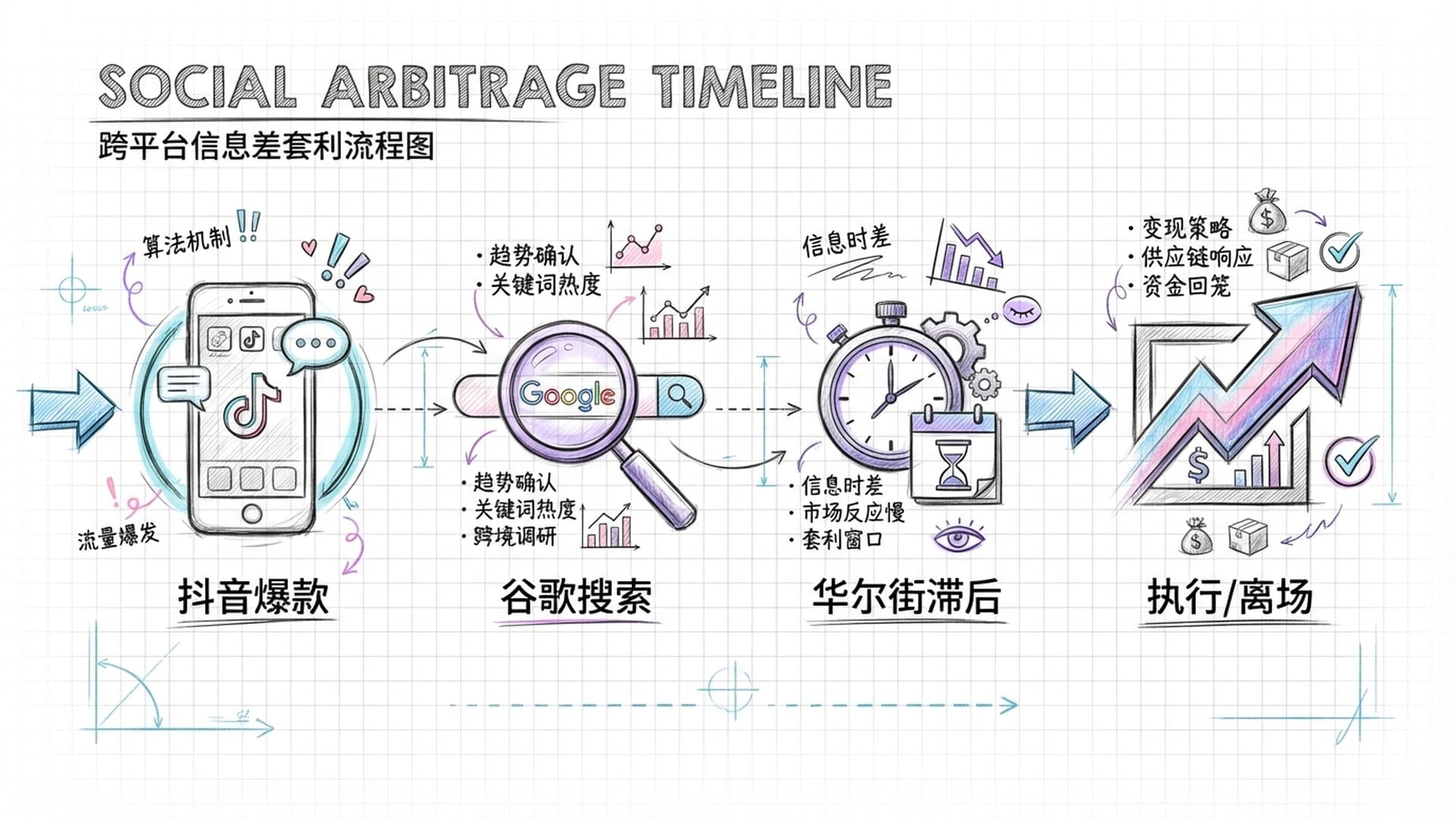 一个具有纵深感的横向时间轴，展示从趋势发现到获利离场的完整流程。