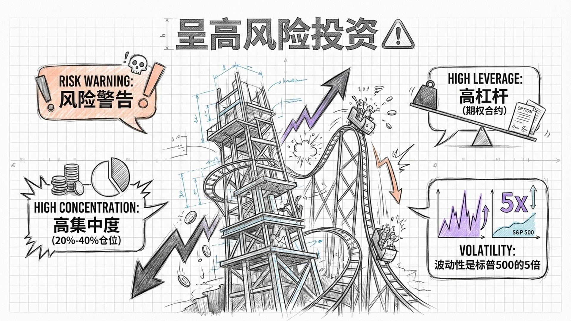 警示色调的画面，一个摇摇欲坠的高塔或过山车，象征极高波动的风险。