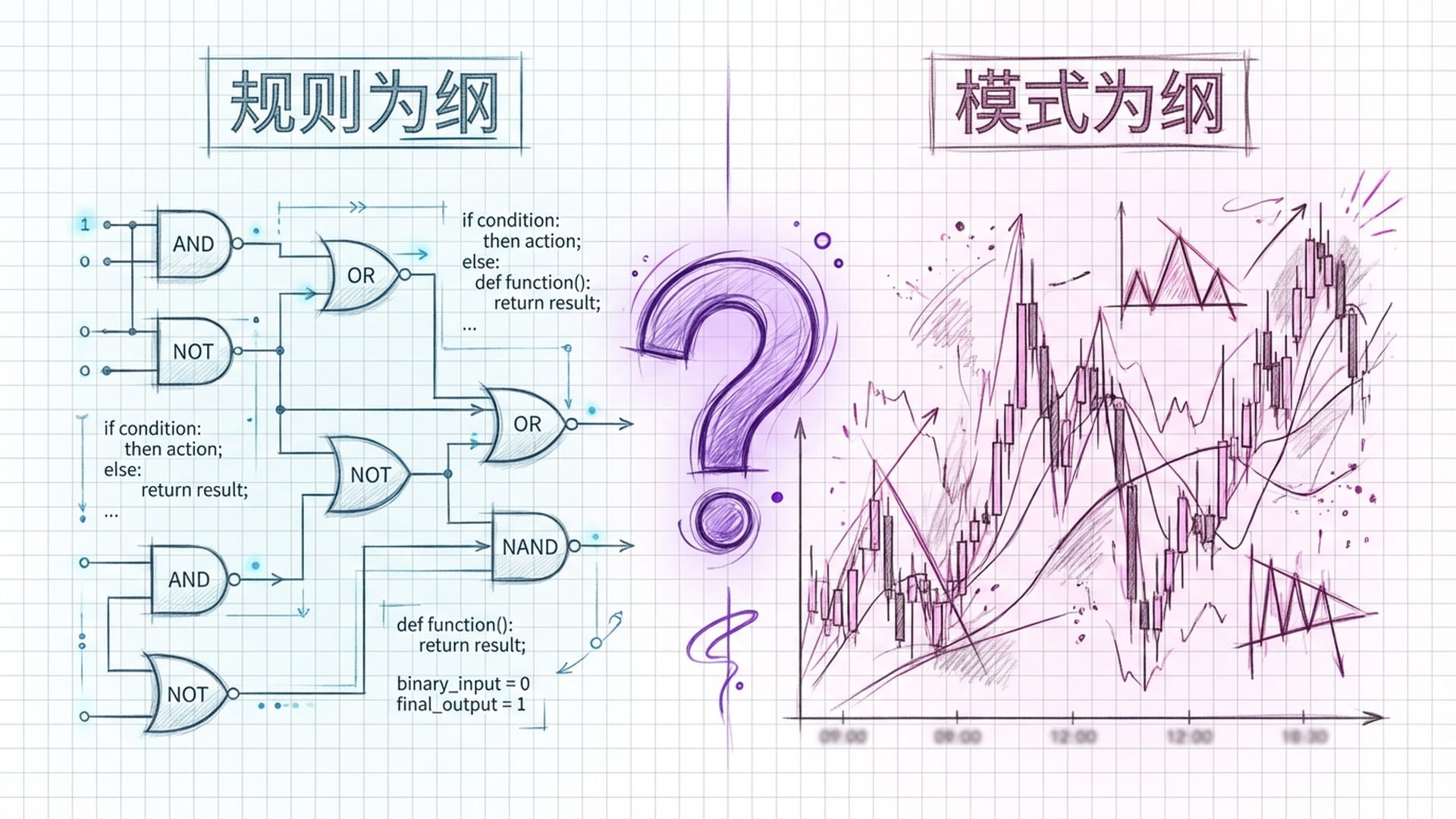 Visual comparison between a neat line of code (Python) and a chaotic stock K-line chart.