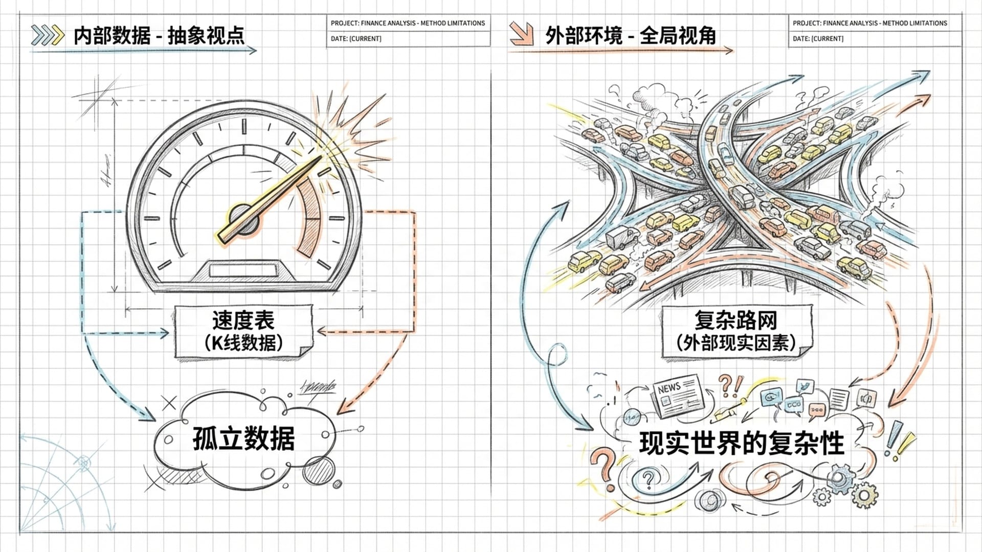 Split screen showing a person looking at a car speedometer vs a bird's eye view of a massive traffic jam.