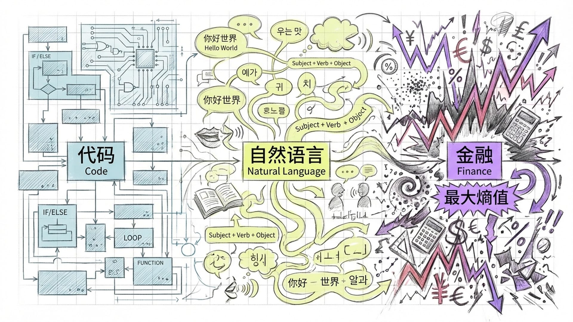 A panoramic 'Prediction Spectrum' showing Code, Natural Language, and Finance from left to right.