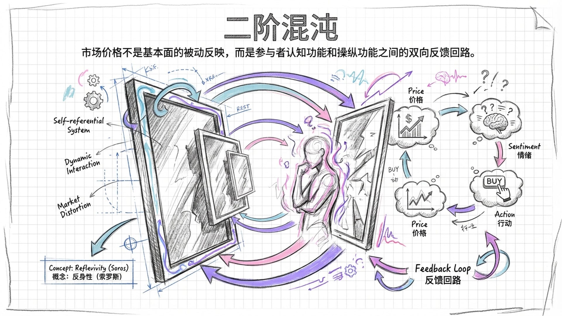 Abstract visualization of 'Second-order Chaos' - a mirror reflecting a mirror reflecting a person.