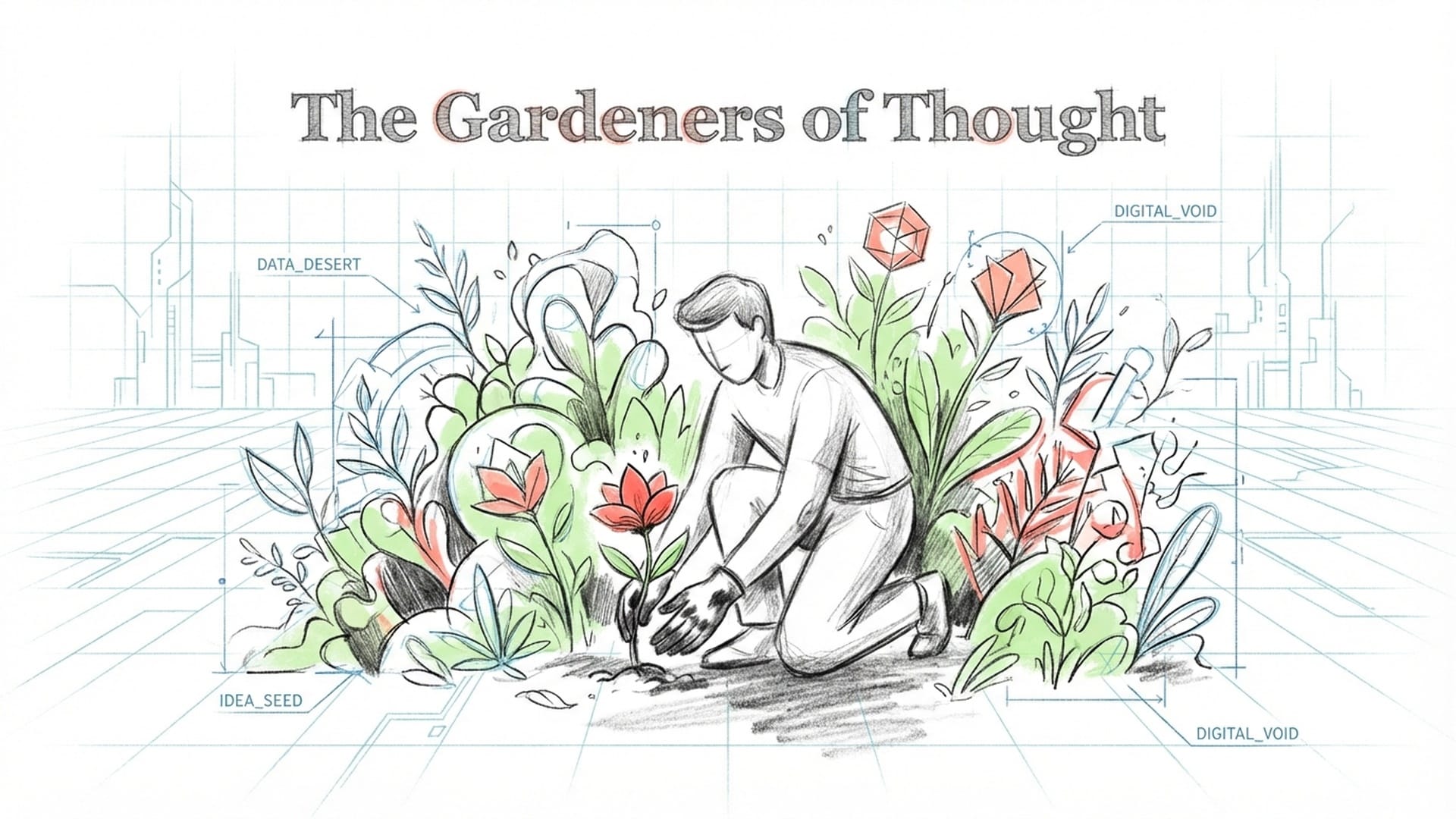 A vibrant, lush garden blooming in the middle of a digital desert. A person with soil on their hands is planting a red flower.
