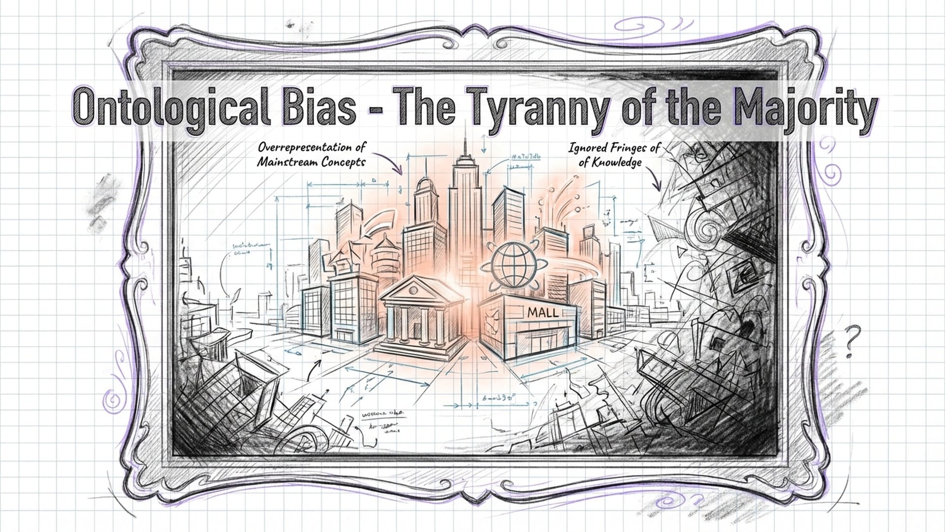 A funhouse mirror reflecting a standardized city. The reflection is bloated and bright in the center but fades to black at the edges.