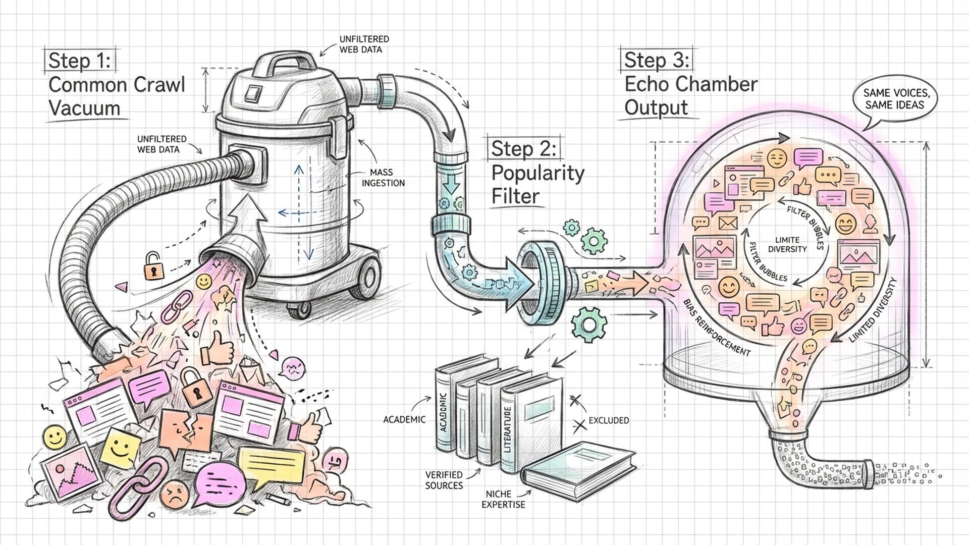 A large industrial vacuum cleaner sucking up a messy pile of colorful but low-quality web pages. Niche, high-quality books are being pushed away.