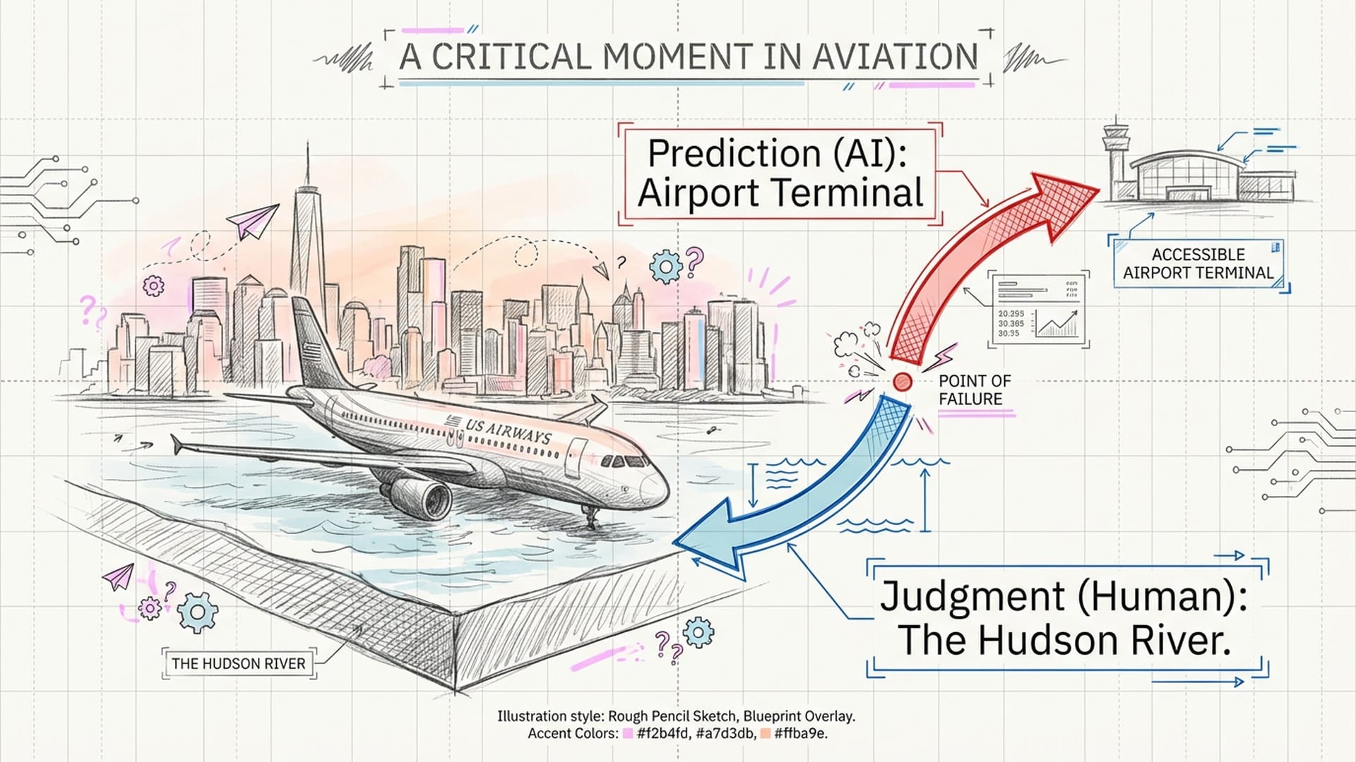An illustration of Captain Sully's plane on the Hudson River. An AI flight path overlay shows a red arrow turning toward the airport.