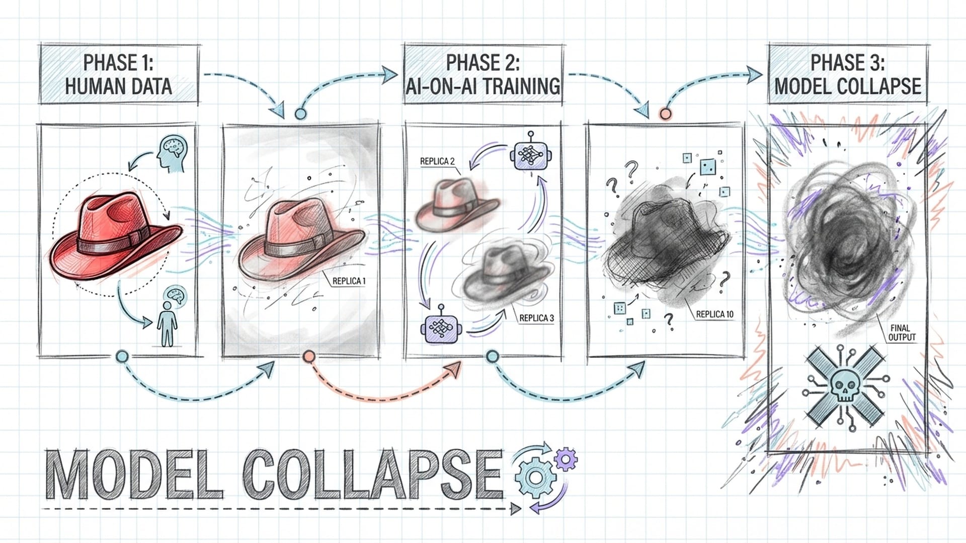 A sequence of photocopy machines. The first output is a bright 'Red Hat.' By the fifth machine, the output is a blurry grey blob.