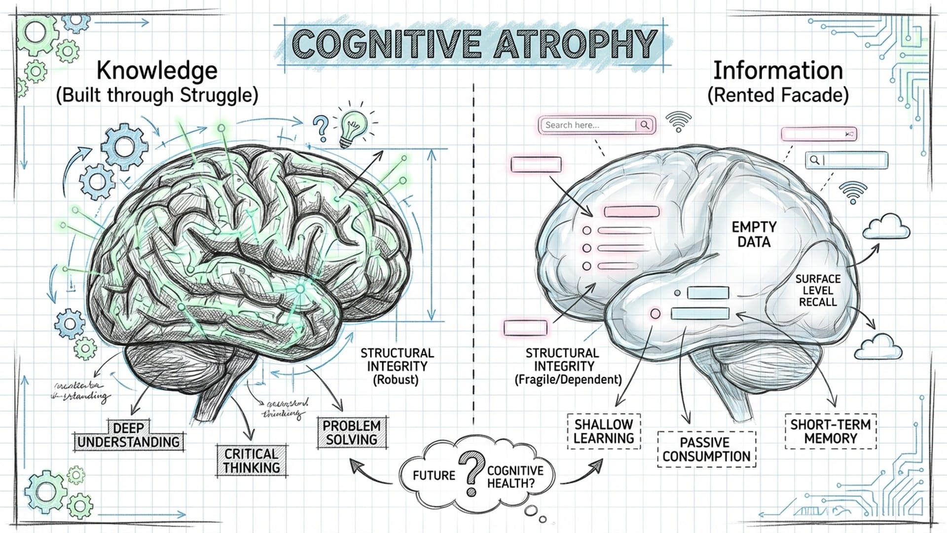 A side-by-side view of two brains. One is dense with glowing neural connections; the other is a hollow glass shell filled with bullet points.