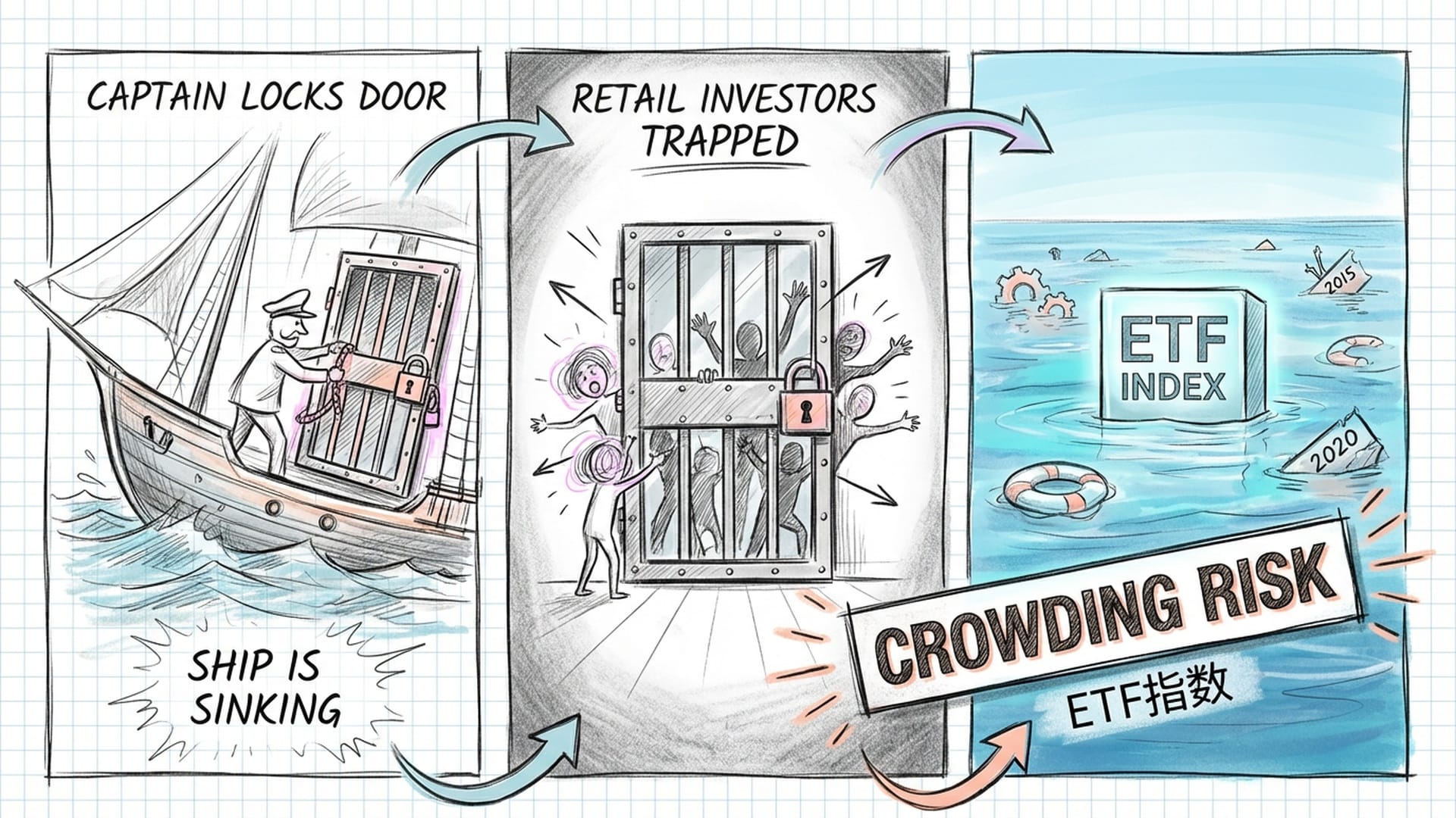 一艘大船正在倾斜,船长(监管/机构)锁住了船舱的门。外面的散户想下船却被困。随后画面转向一片巨大的蓝海(ETF指数)。