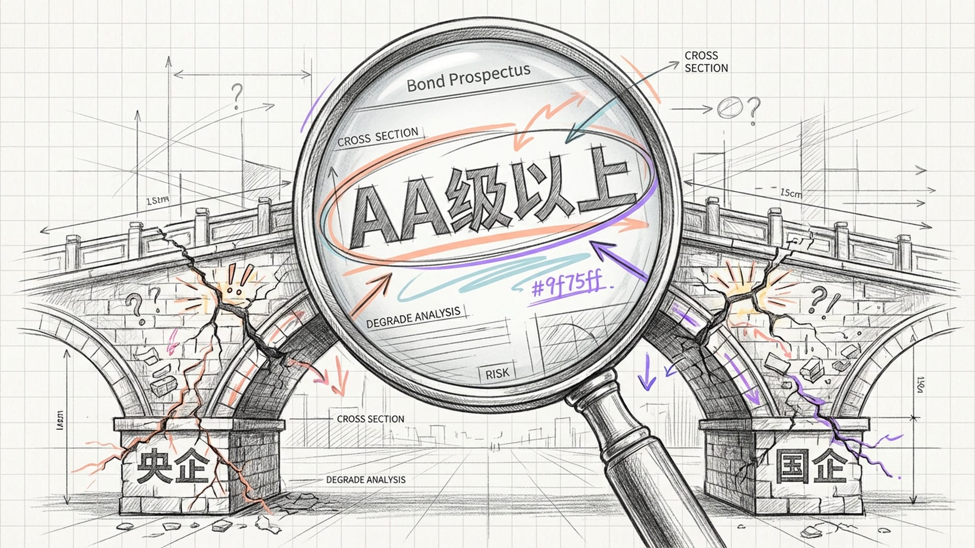 债券说明书,上面“AA级以上”几个字被特写放大,背景是一个看似坚固实则摇摇欲坠的石桥。