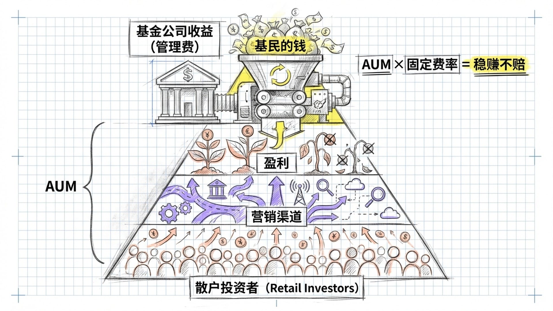 一个基金公司的高楼,顶端是一个巨大的喂食机,漏斗里装满了基民的钱。无论下方的植物(盈利)长势如何,漏斗都在不断抽取管理费。