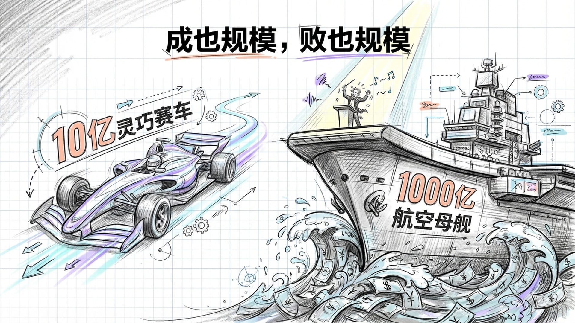 一个被灯光聚焦的明星,手拿指挥捧。但当台下的金钱如潮水般涌来时,他所在的指挥台变成了沉重且难以转向的航空母舰。