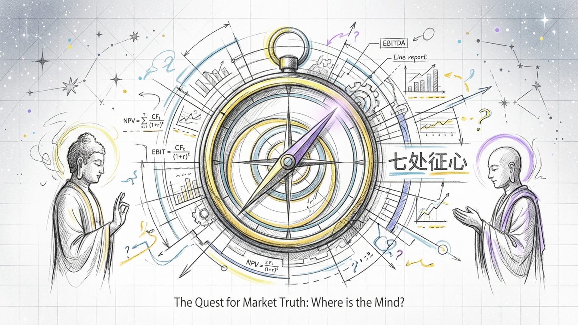 佛陀与阿难在数字化星空下的辩论，背景点缀着财报DCF模型和复杂的逻辑线段。