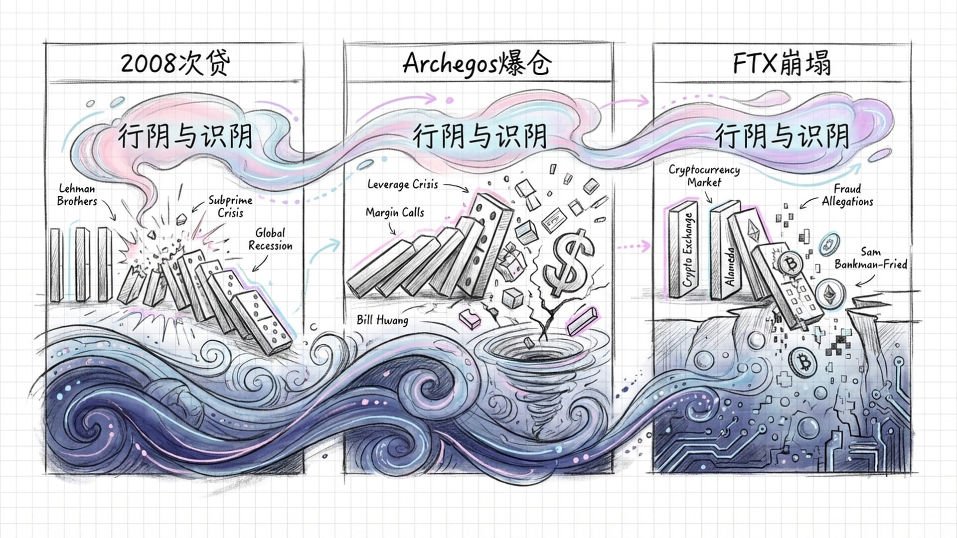 多米诺骨牌在深海潜流中倒塌，象征系统性风险和资本市场的业力爆发。