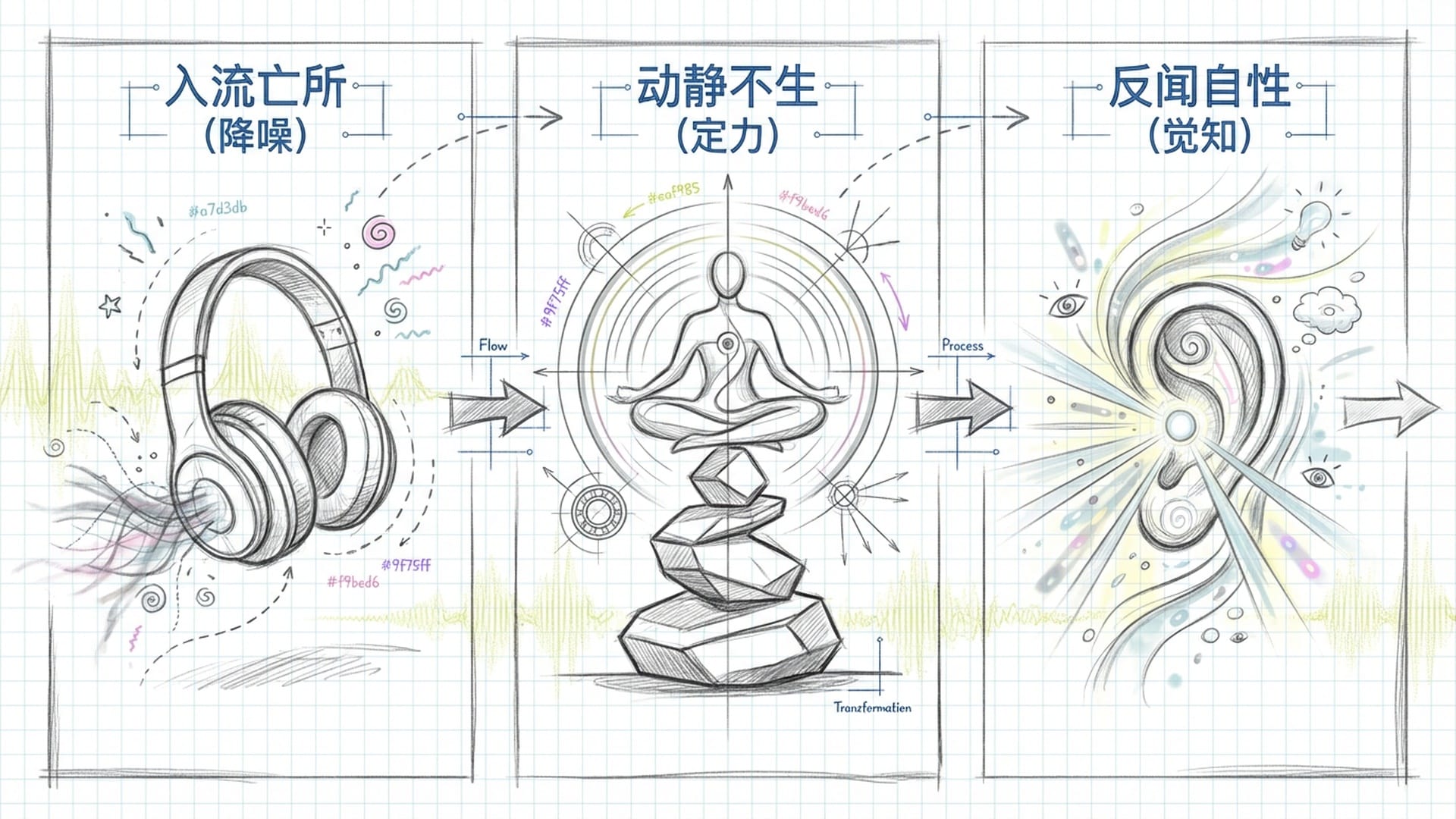 分步骤展示的“耳根圆通”交易法。背景是波动的声波脉冲。