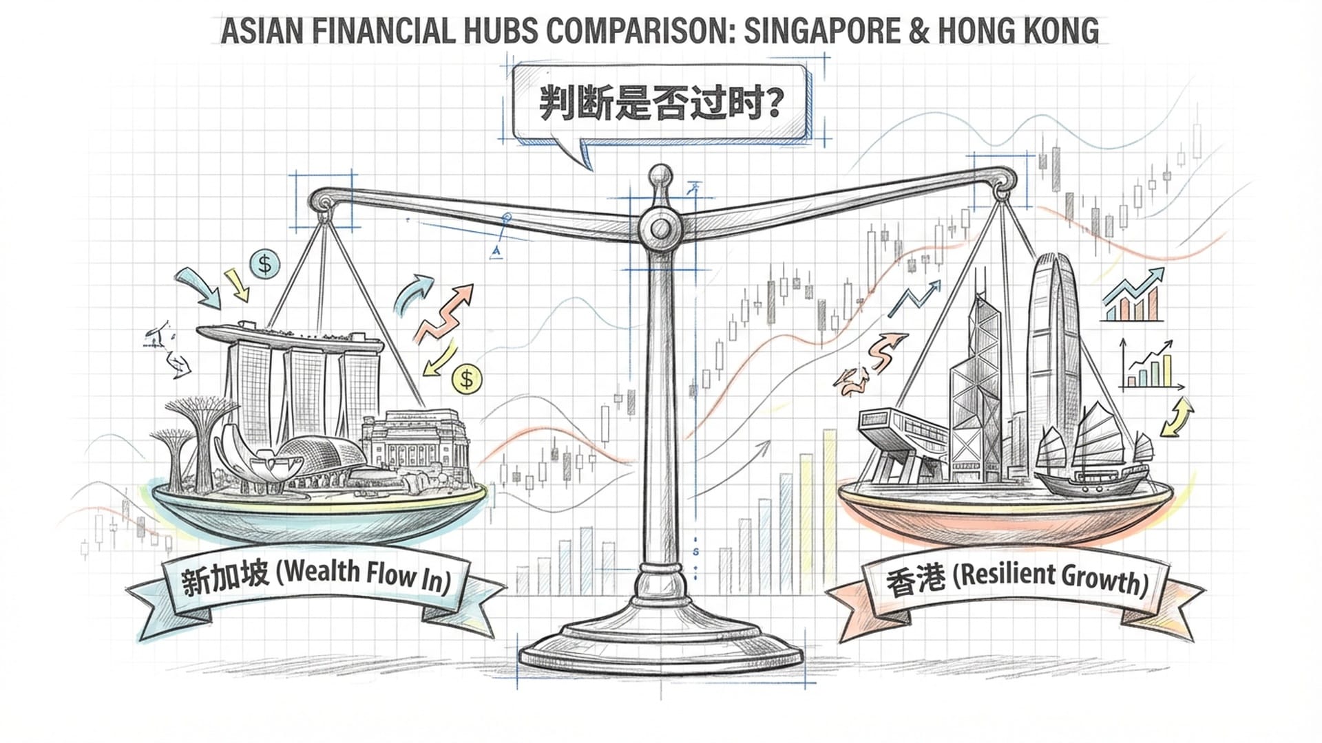 一个巨大的天平，左侧是新加坡地标，右侧是香港中环，天平正在发生微妙的倾斜，背景是全球金融行情图。