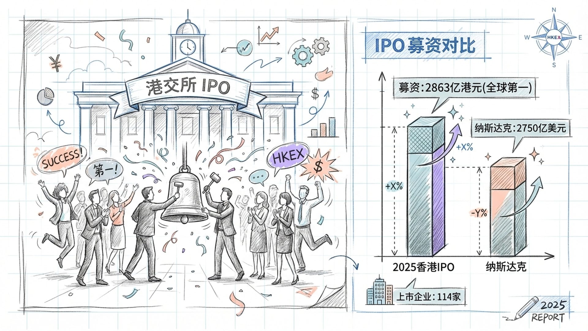 港交所（HKEX）门口热闹的敲钟场景，背景是与纳斯达克的募资数据对比柱状图。
