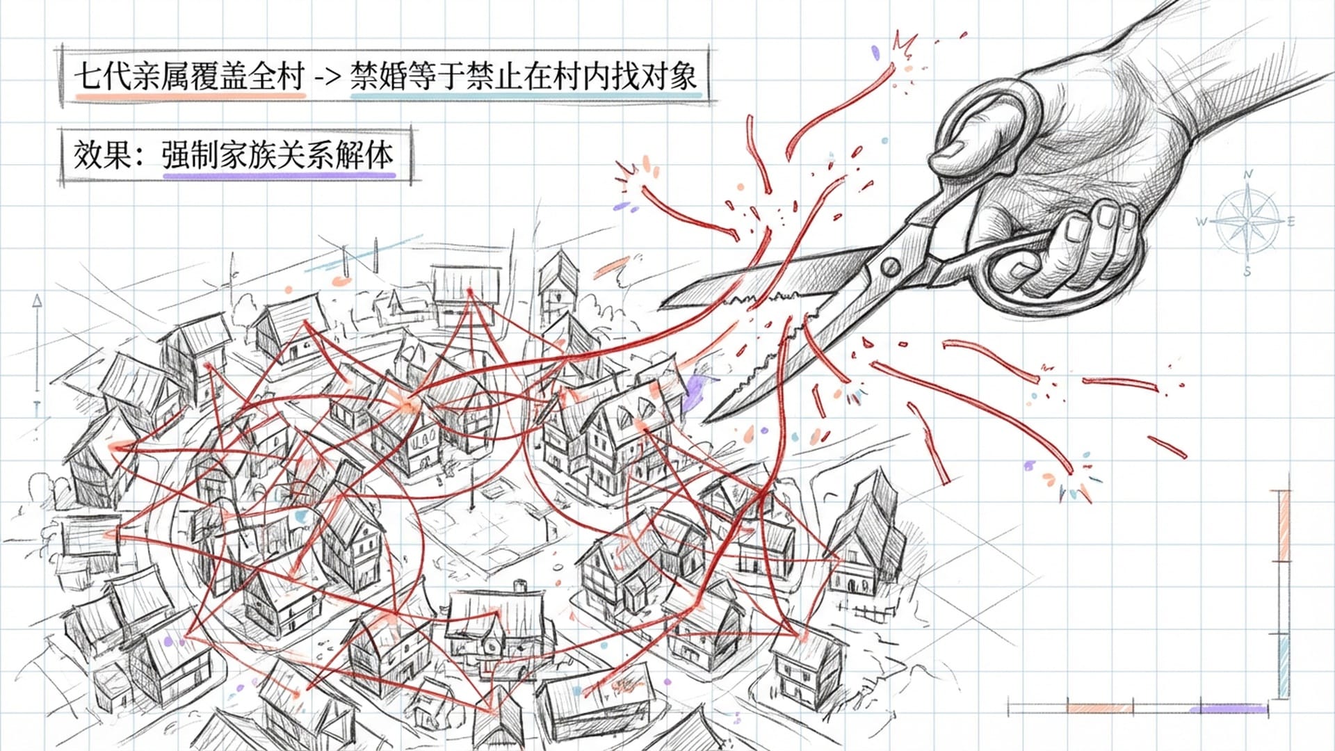 一个典型的欧洲村庄平面图，无数红线交织连接。一只巨大的手拿着剪刀正在剪断这些代表亲属关系的红线。