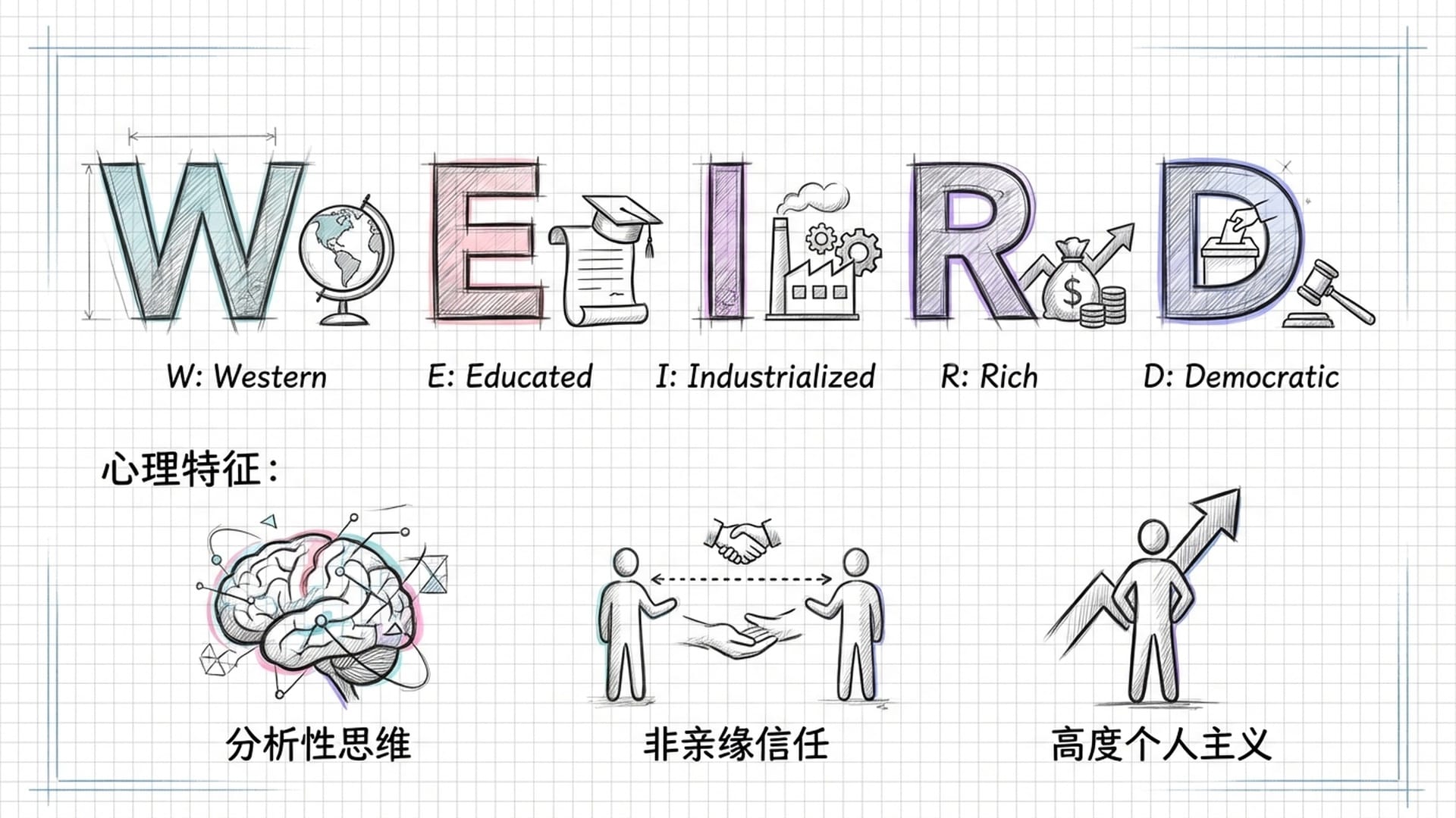 五个彩色字母“W・E・I・R・D”大字排开，每个字母对应一个性格特质图标。