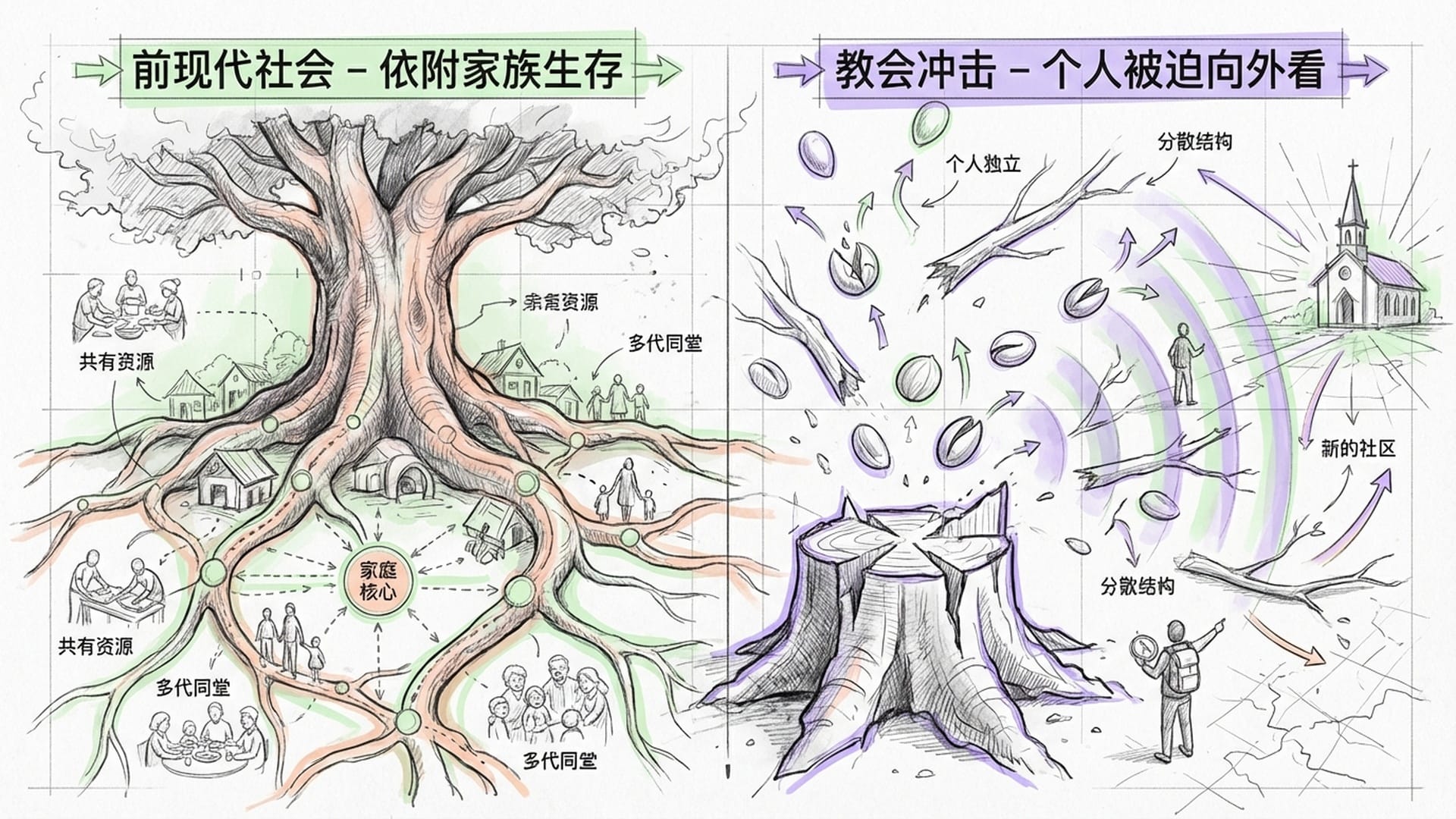 对比画面。左边是一棵茂密的、根部庞大的大树（家族）；右边是树枝被斩断后，孤立的种子散落在外。