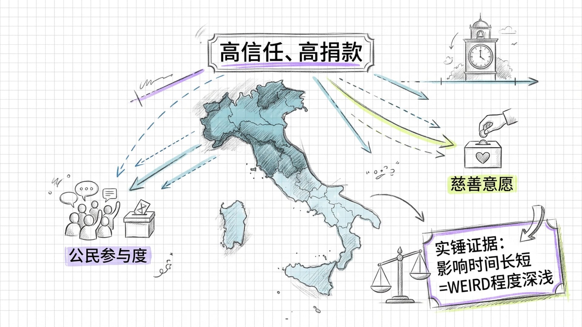 意大利地图。北部标为深蓝色（受教会影响早），南部标为浅蓝色。北部上方悬浮着“高信任、高捐款”标签。