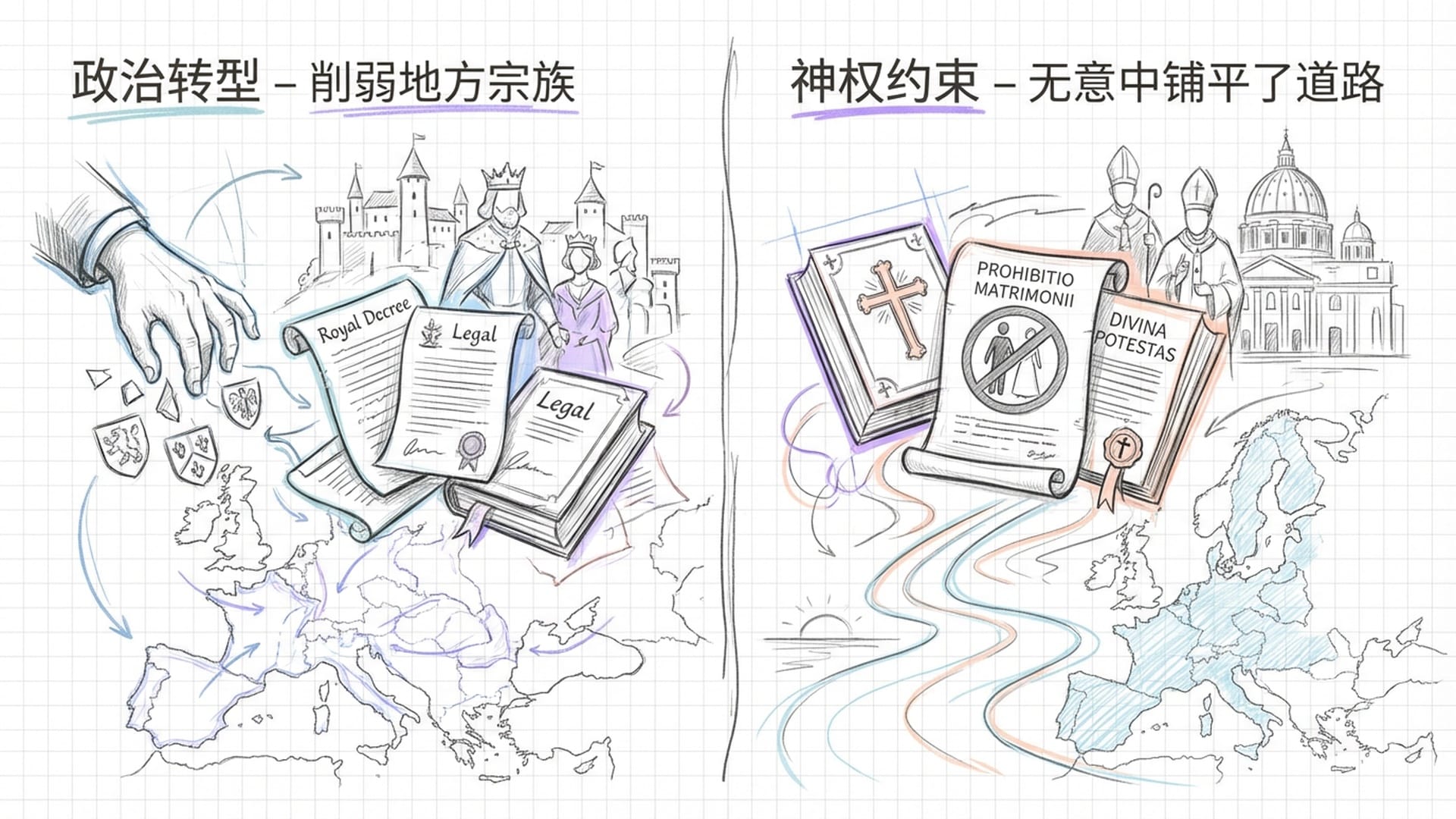 国王的法律文书与主教的婚姻禁令交叠，背景是正在建立的民族国家版图。