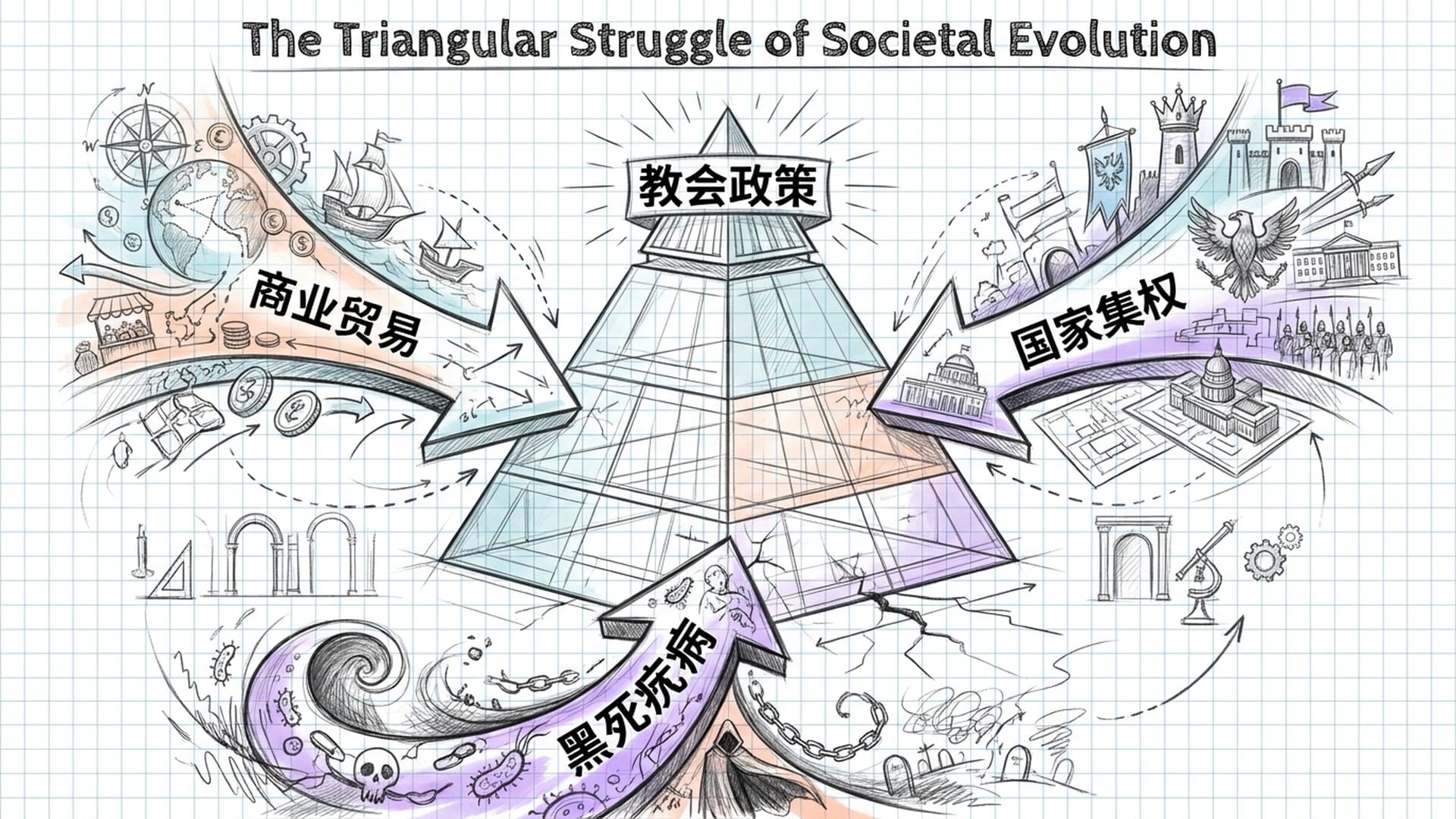 动态三足鼎立图：教会政策处于中心，四周由“商业贸易”、“黑死病”、“国家集权”三个箭头推挤。