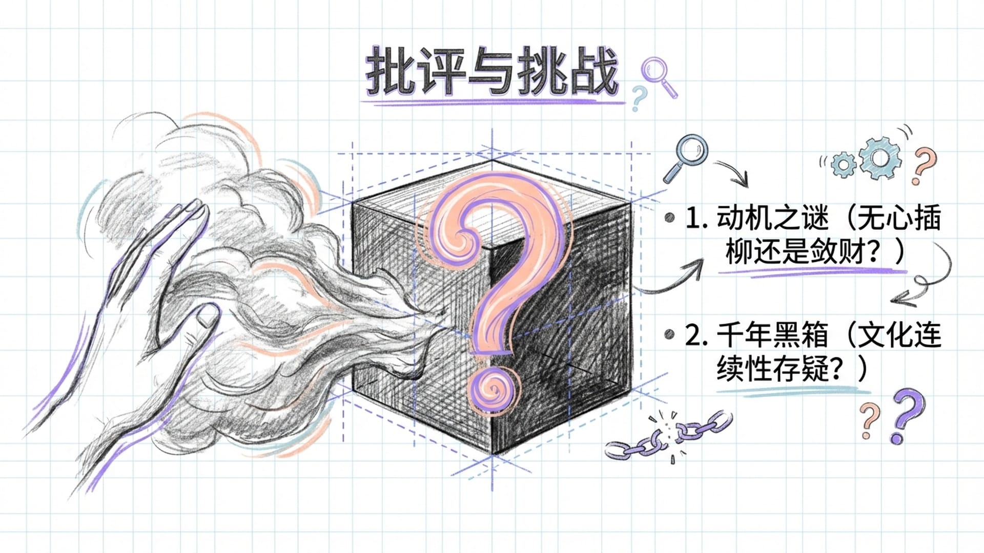 黑色背景下的带问号的黑箱。一只手试图拨开历史的迷雾，寻找因果证据的缺失点。