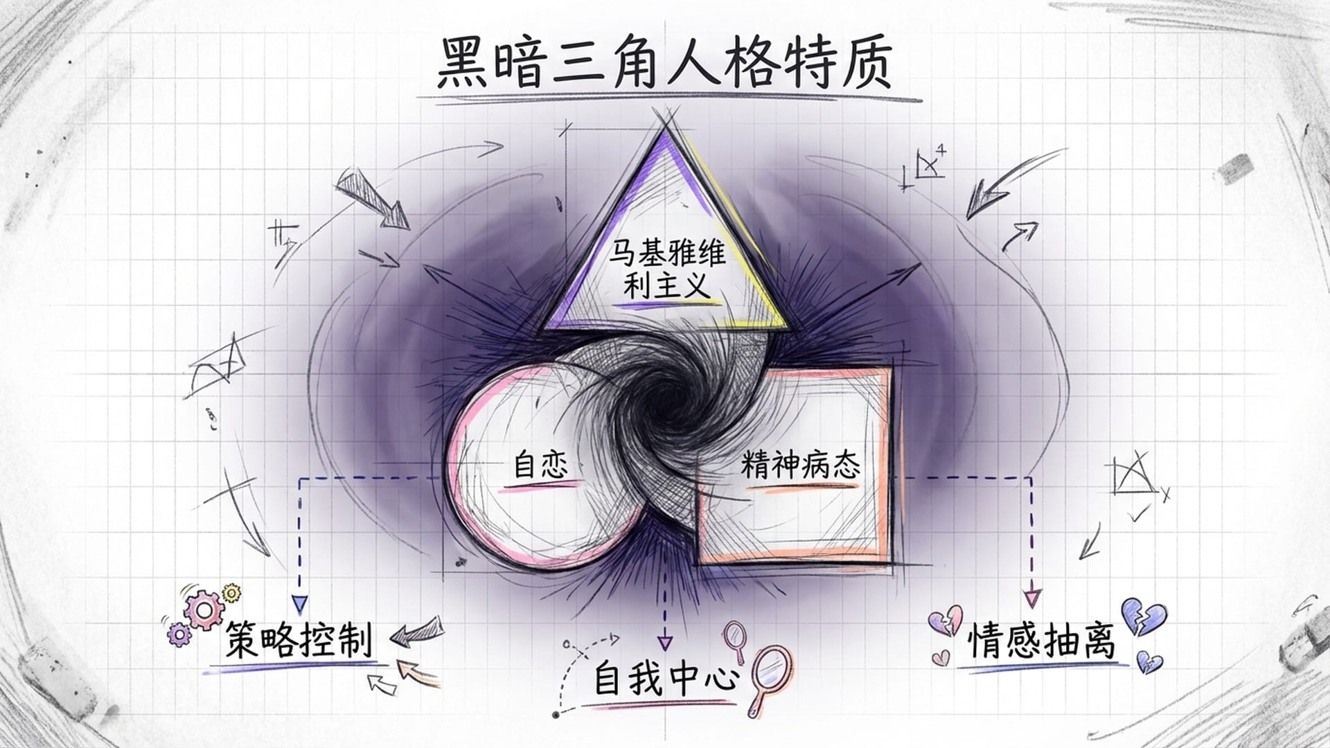 三个黑色的抽象几何体：三角形（马基雅维利主义）、圆形（自恋）、正方形（精神病态）。它们交织在一起，形成一个深邃的黑洞。