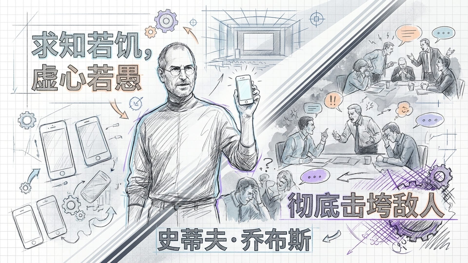 史蒂夫·乔布斯的剪影在iPhone发布会的侧光中。背景是他曾严厉批评员工的办公室冲突碎片，以及光鲜的产品。极端的专注与残酷。