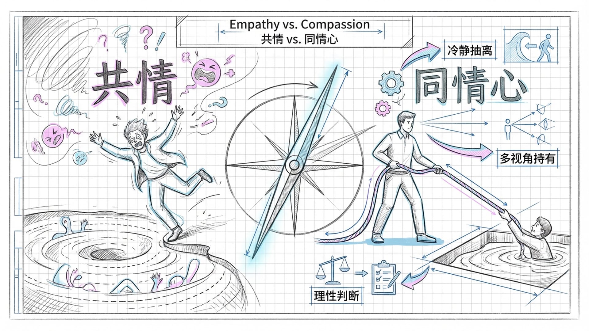 一个理性的罗盘。指针在‘共情’（近处，狭隘）和‘同情心’（远方，宽广）之间摆动。一个人拿着长绳在流沙边缘救人。