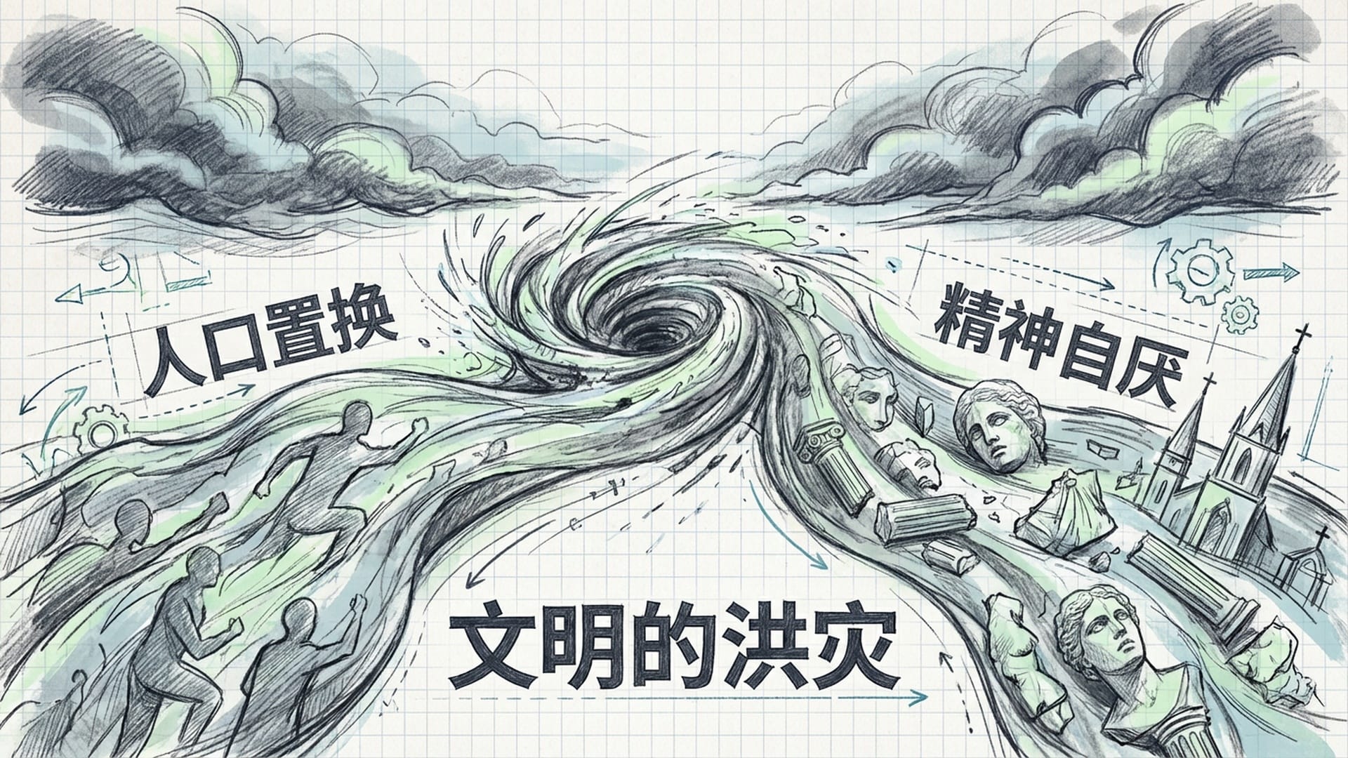 两条奔腾的河流汇聚的宏大场景。一条河流标志为‘人口置换’，另一条为‘精神自厌’，背景是暗沉的乌云。