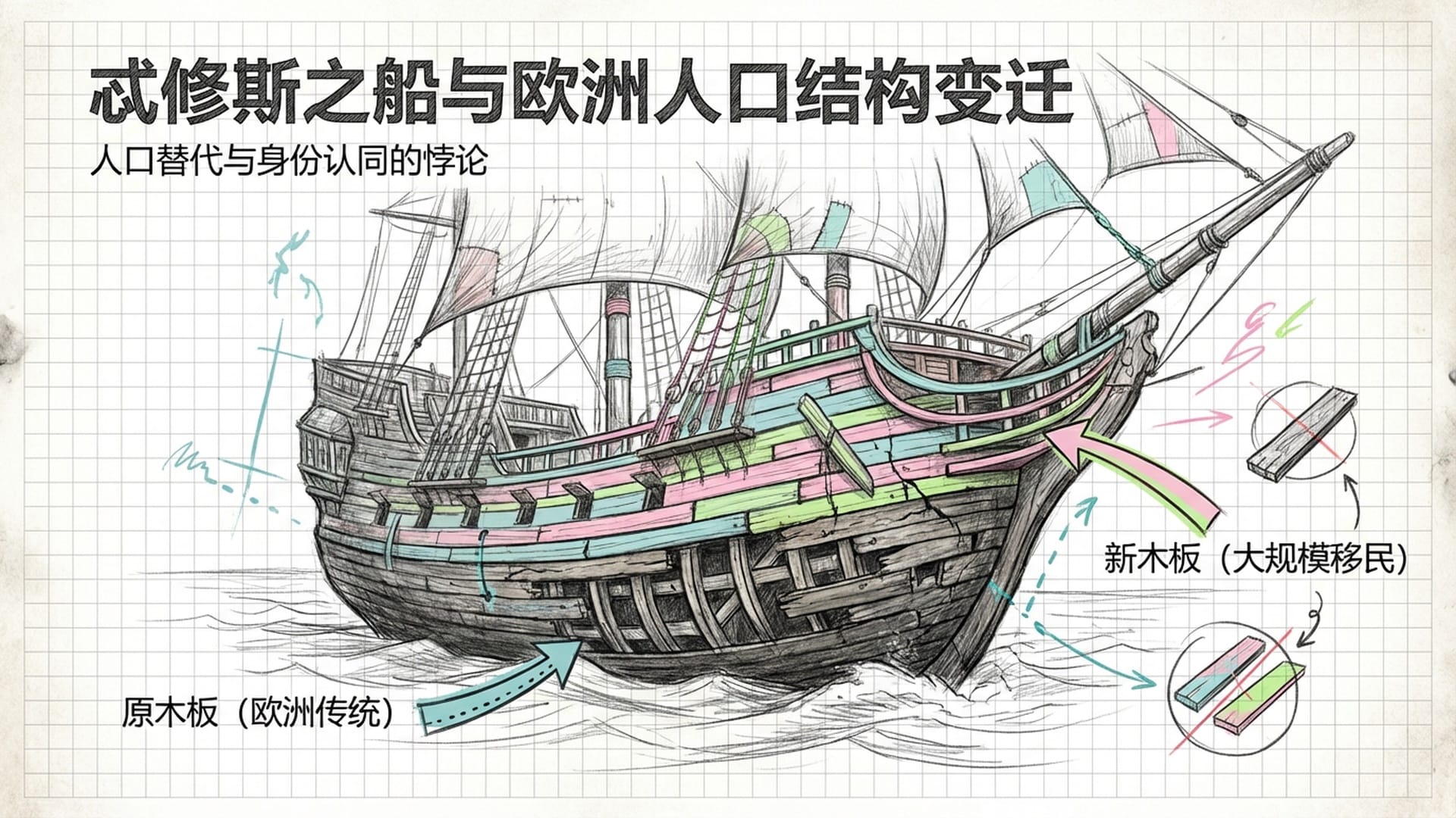 一艘宏伟的木船正在海上航行，老旧的木板被换成色彩斑斓但格格不入的新板，结构开始变形。