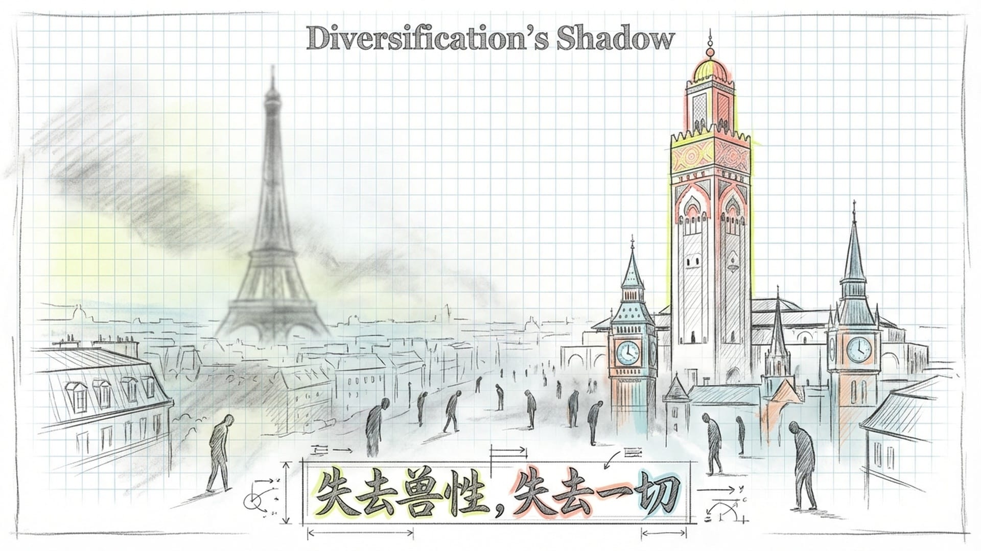 一个被‘多元化’薄雾笼罩的城市，远处的清真寺尖塔高过传统西式钟楼，民众显得疏离。