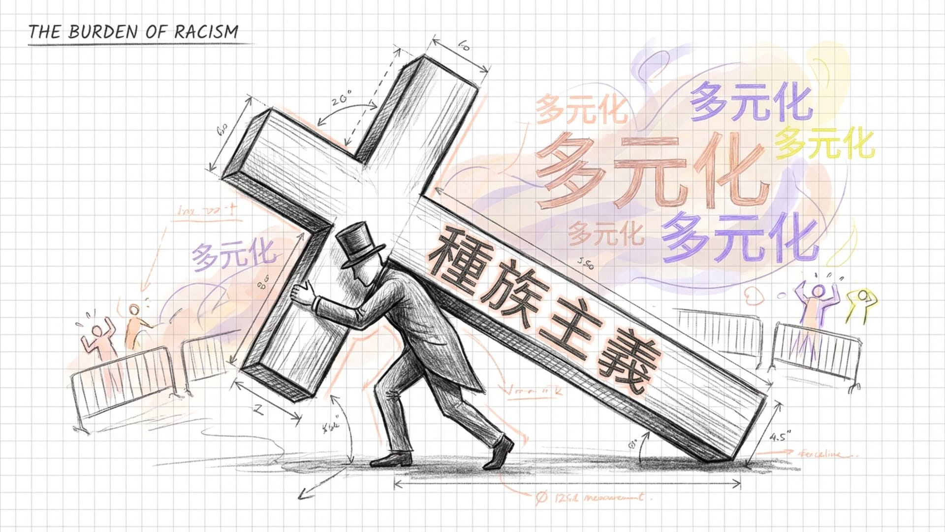 一个穿着华丽的欧洲精英背着一个巨大的、发光的沉重十字架，上面写着‘RACISM’，步履维艰。