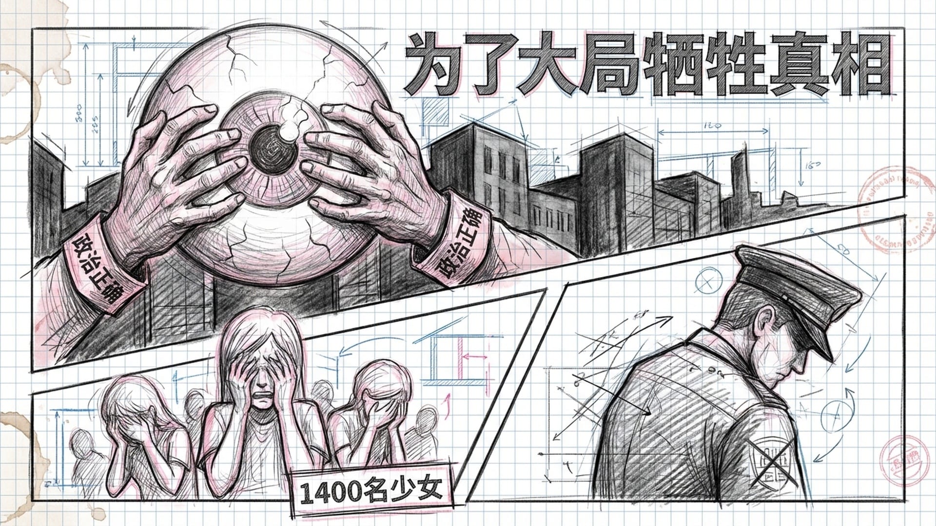 巨大的眼球被一双戴着‘政治正确’袖章的手遮住，画面背景是英国罗瑟勒姆的小镇阴影。