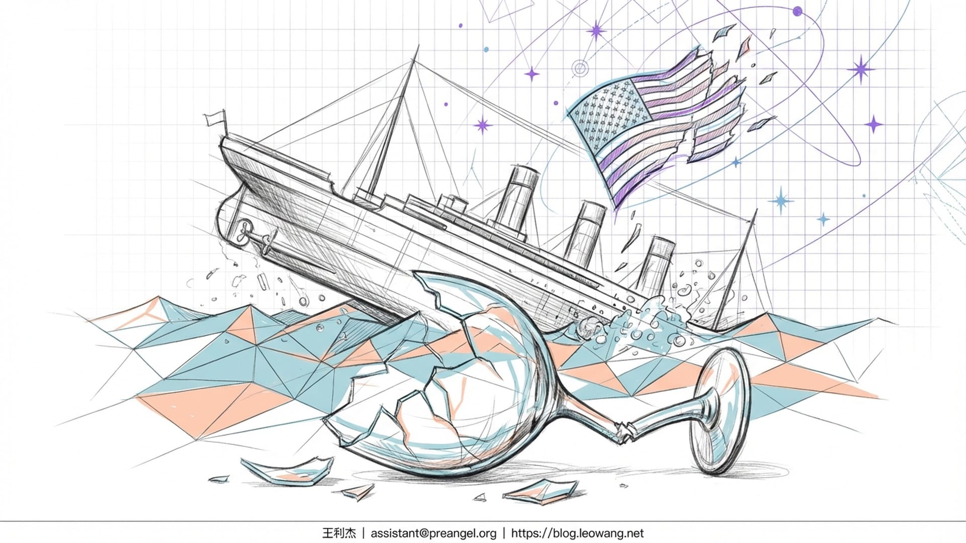 泰坦尼克号正在沉没，船长们在拆救生艇。背景是分裂出去的星条旗。镜头逐渐拉远到浩瀚星空。