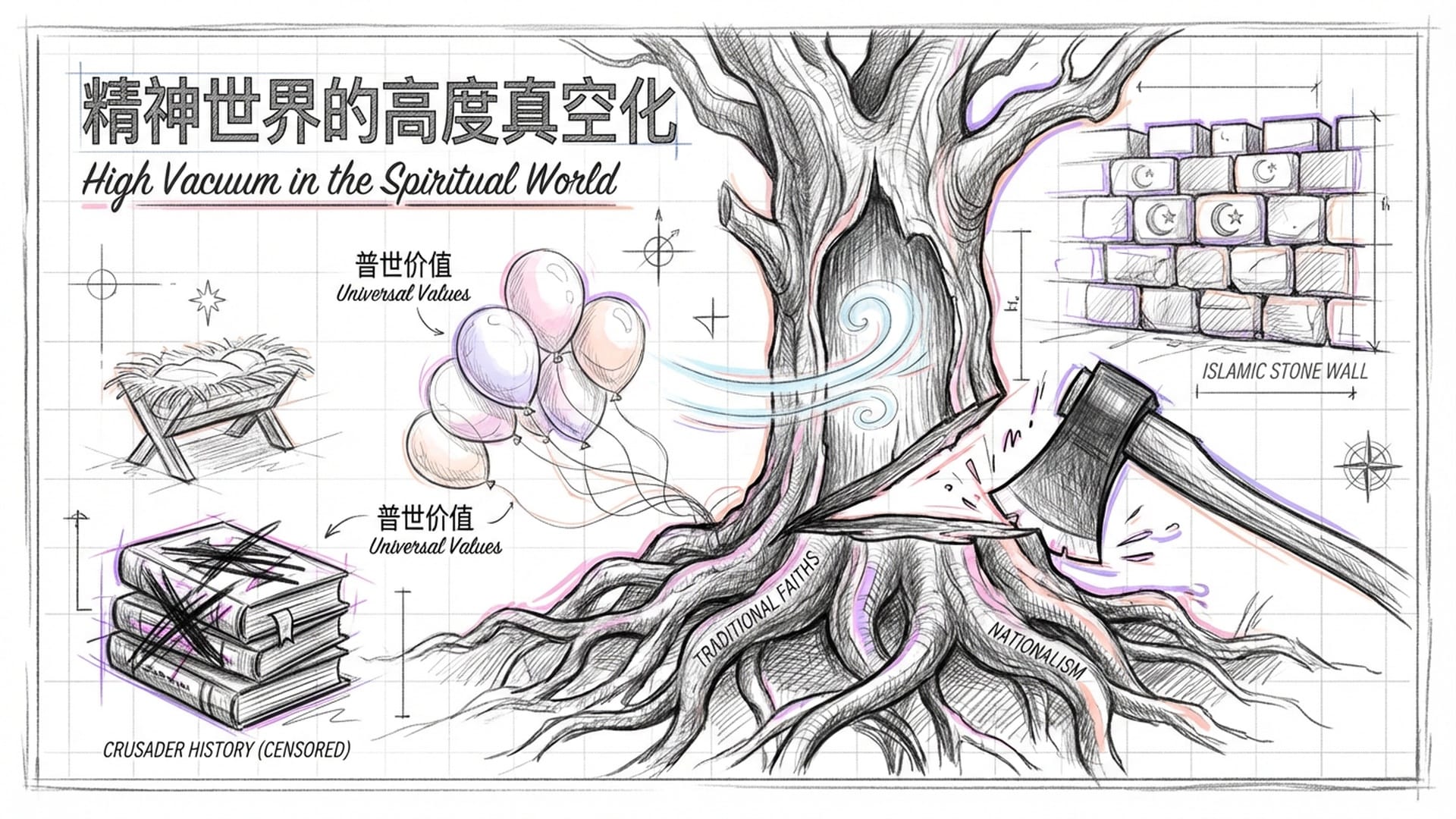 一棵巨大的橡树，其盘根错节的信仰之根（宗教、爱国主义）被斧头砍断，树干空心，风吹而过。