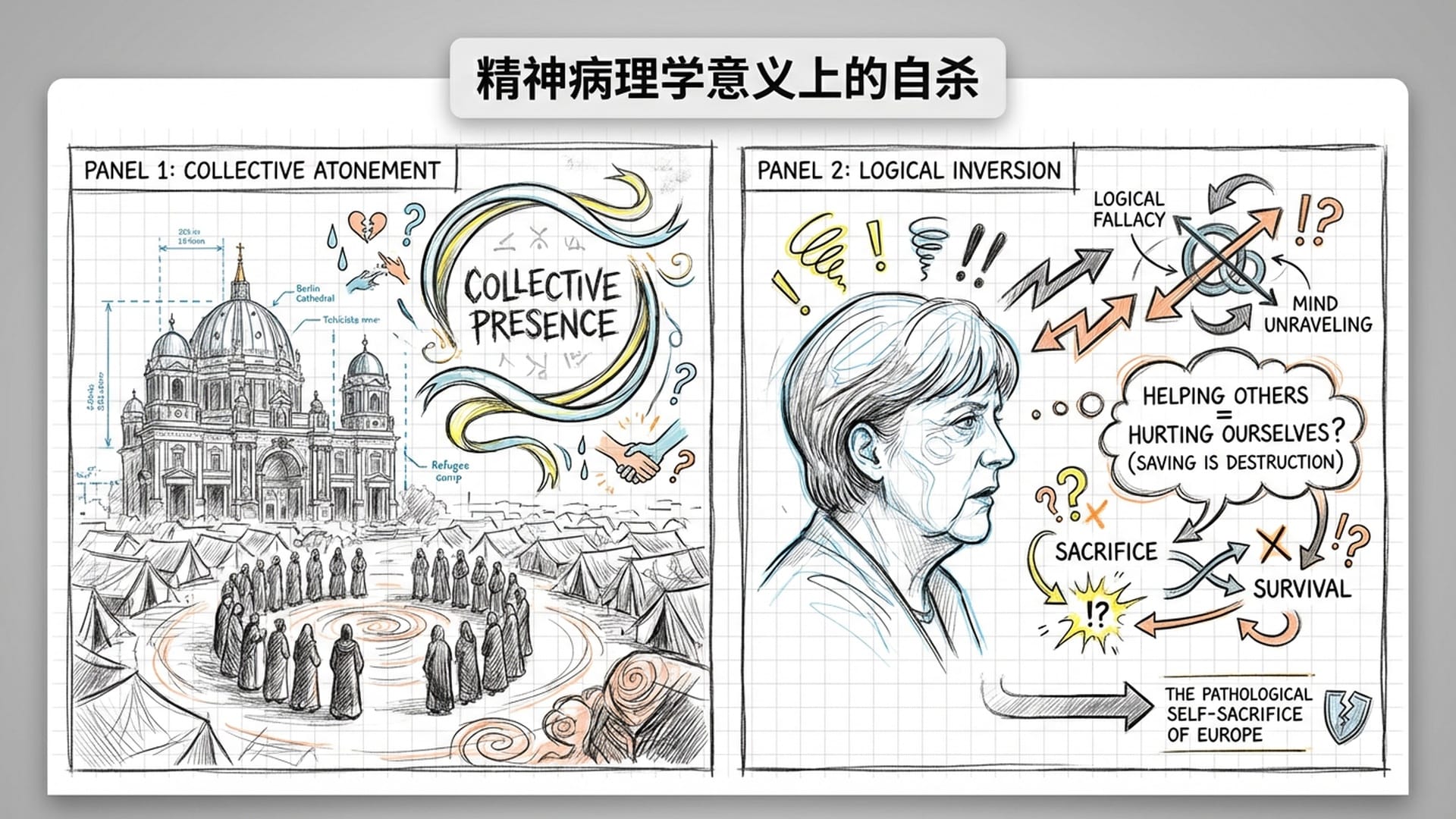 德国柏林大教堂前，巨大的难民安置点，人群围成圈进行某种仪式感极强的‘集体现身’。