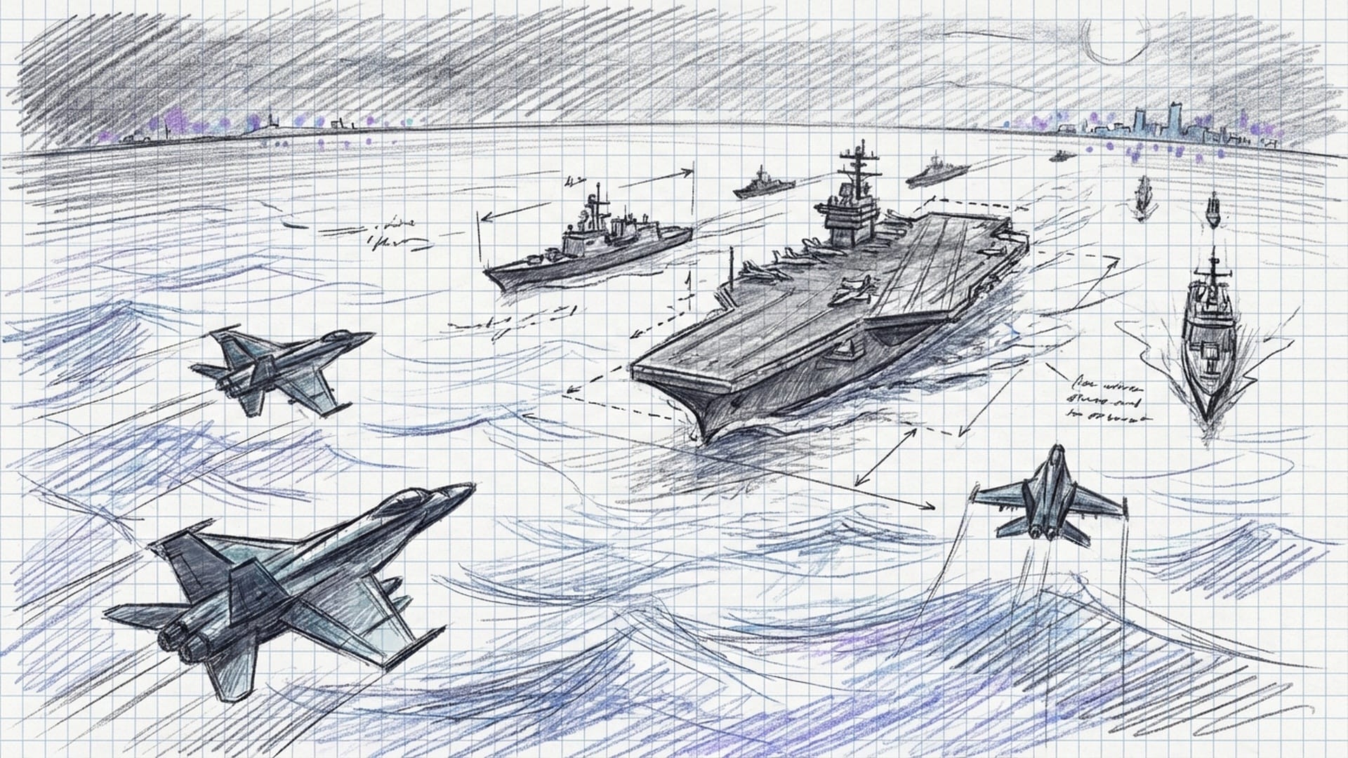 加勒比海夜间航拍，美军福特号航母编队如幽灵般推进，战斗机低空掠过海面，引发巨大的涟漪。