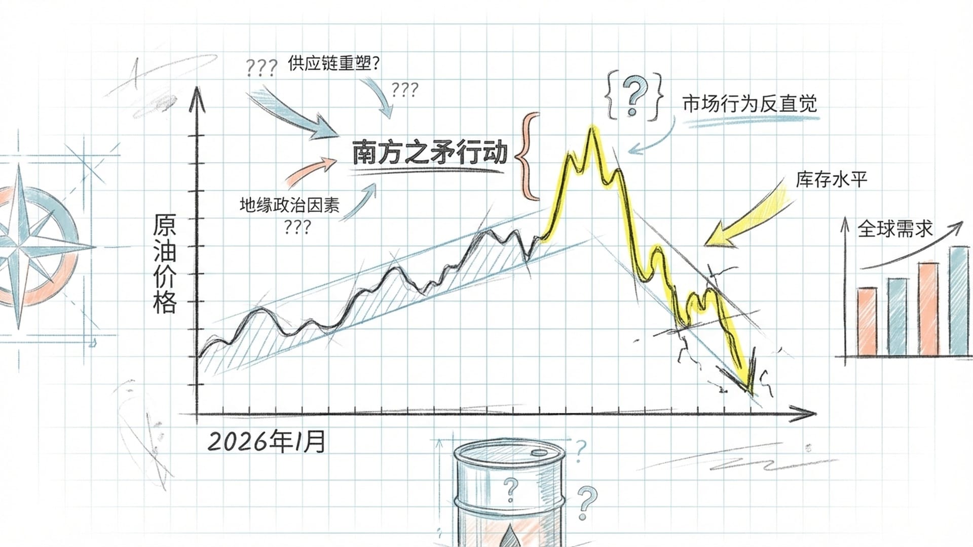全球油价走势折线图，在重大的军事推翻消息弹出后，曲线竟然意外地向下倾斜，打破常规逻辑。