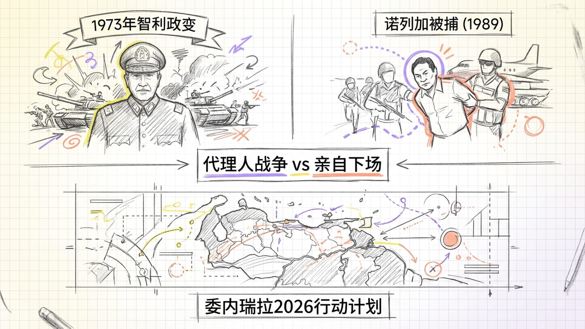 1973年智利政变与1989年入侵巴拿马的历史片段拼贴，黑暗中的秘密协议与公开的军事押送。