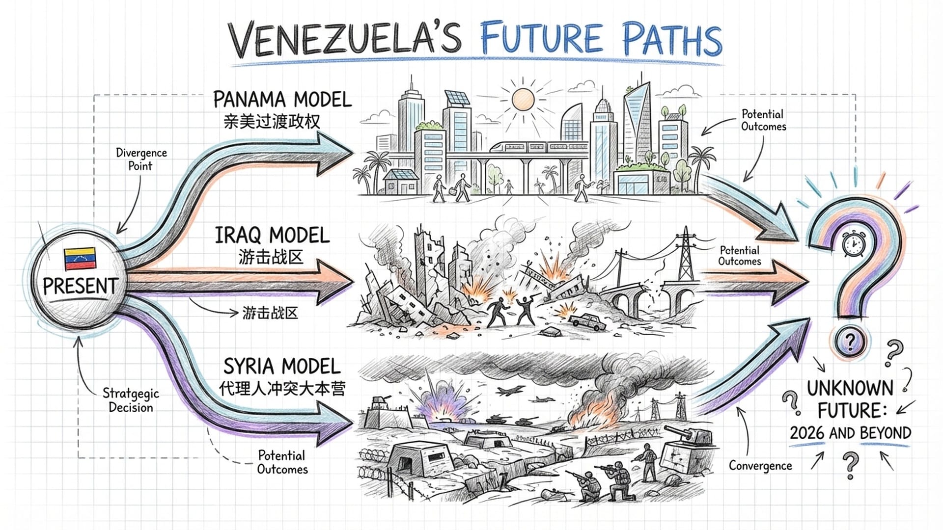 委内瑞拉未来的三种平行视觉：繁荣的巴拿马模式、混乱的伊拉克模式、以及作为战场的叙利亚模式。