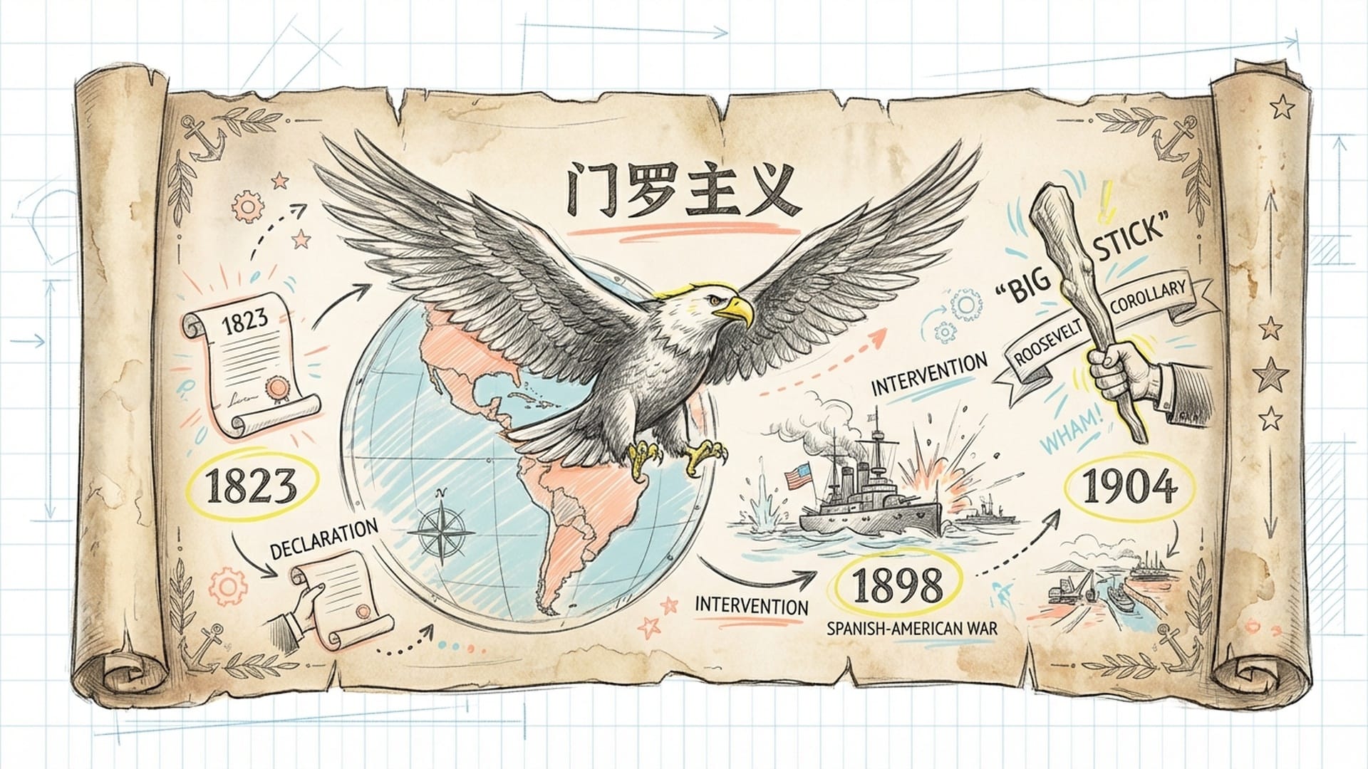 复古风格的历史羊皮纸，地图显示西半球被一只巨大的老鹰翅膀覆盖，象征“门罗主义”和美国的后院政策。