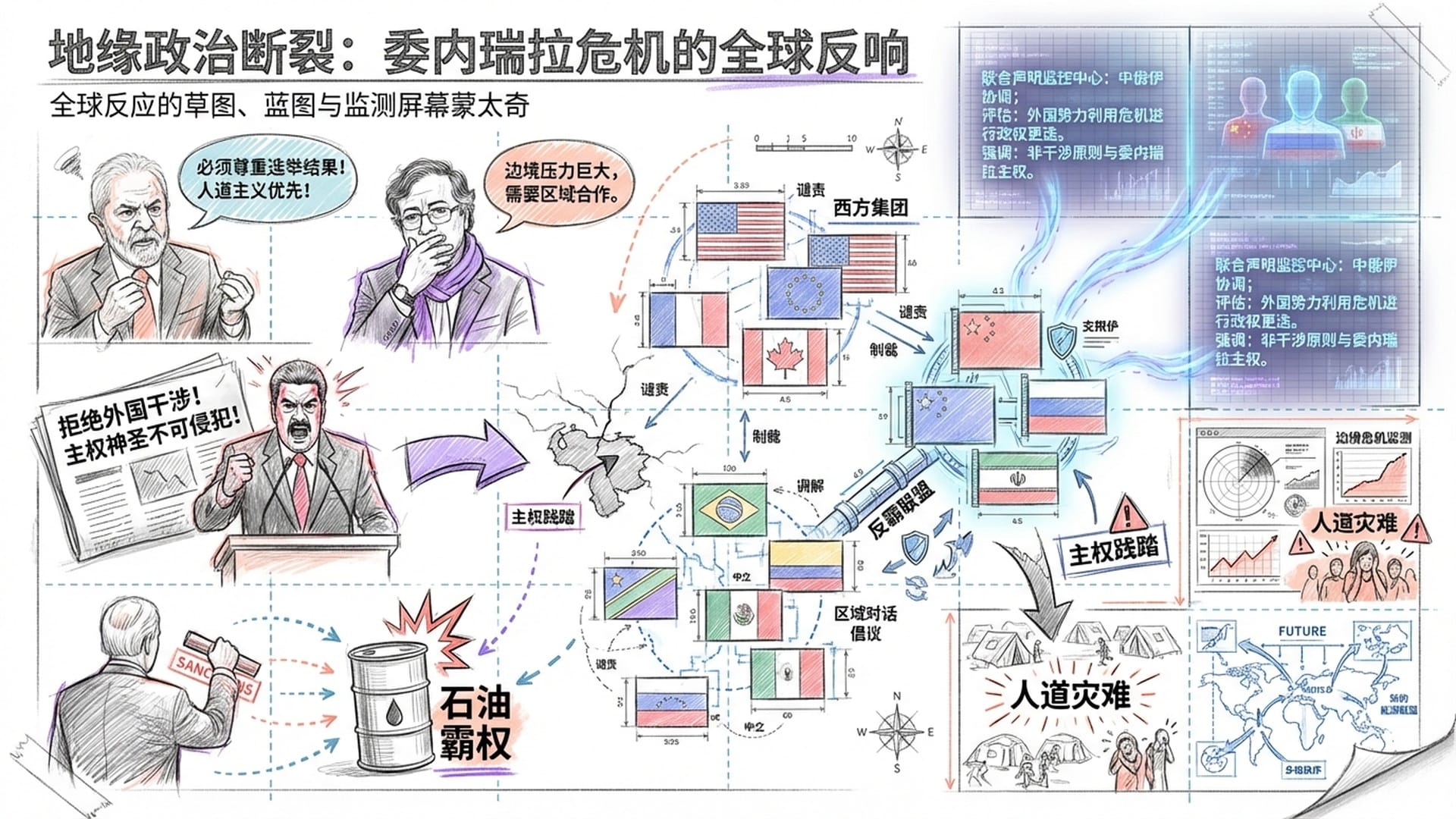 多国国旗矩阵，巴西卢拉、哥伦比亚佩特罗的愤怒头像，以及中俄伊的联合声明背景视频。