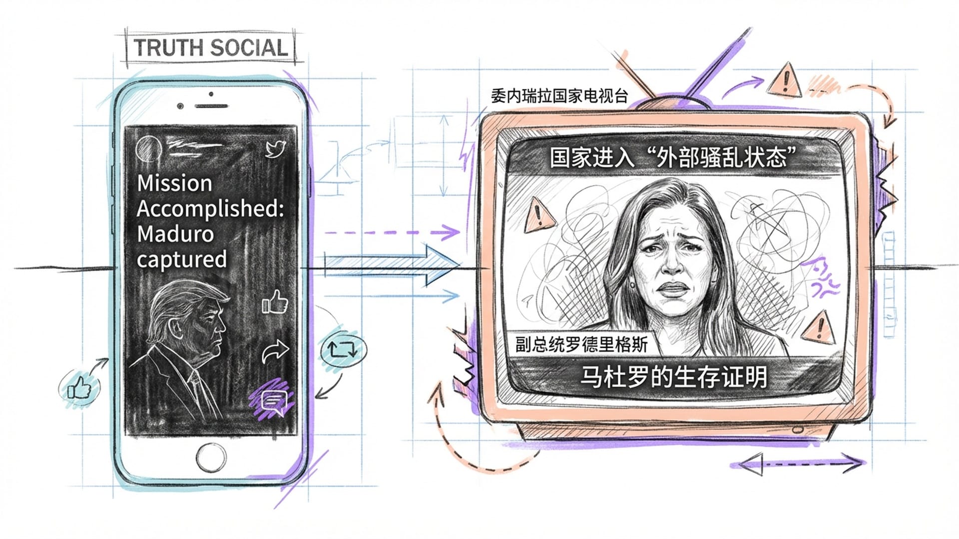 智能手机屏幕，显示“真实社交”界面的特朗普帖文，背景是陷入混乱的委内瑞拉国家电视台播报画面。