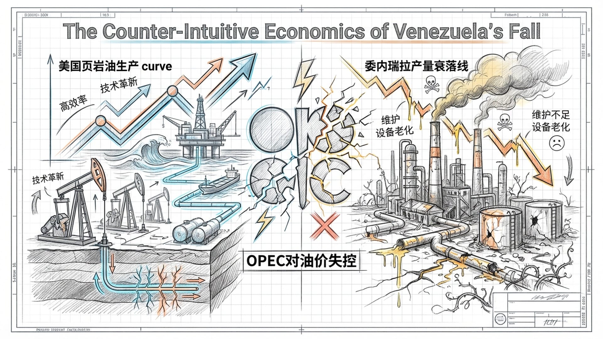 页岩油井架、圭亚那海上油田与委内瑞拉破旧炼油厂的对比，展现能源权力的转移。