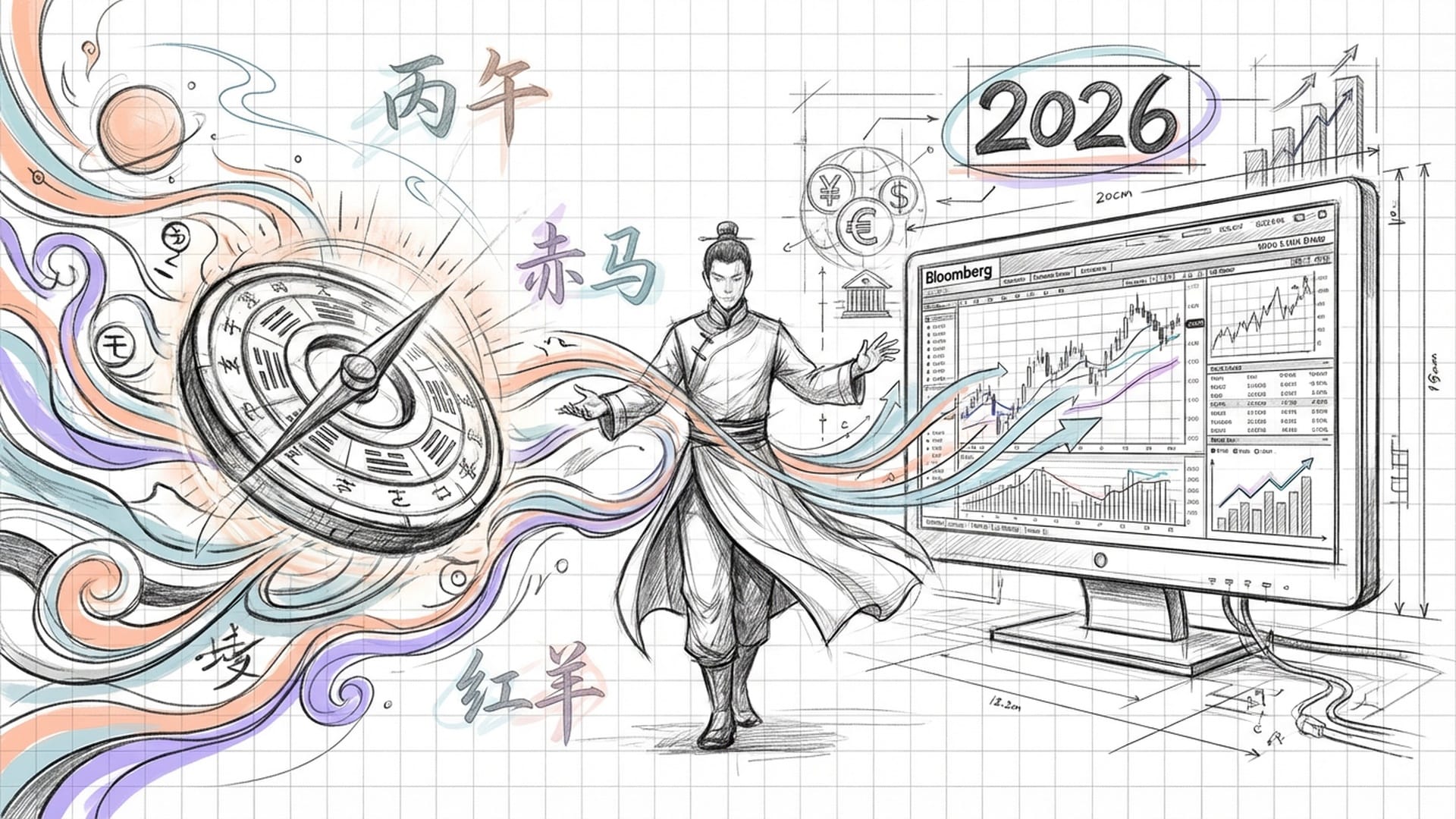 一个穿着唐装的现代投资者站在发光的干支罗盘和现代彭博终端之间，丙午、赤马、红羊等文字在空气中形成半透明投影。