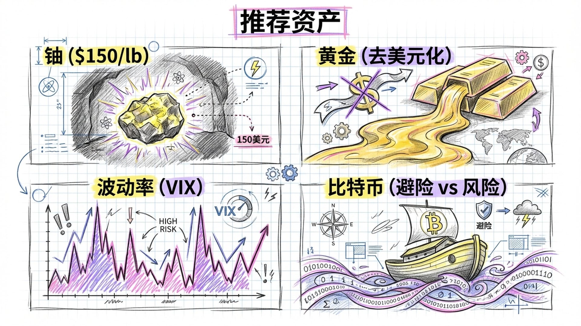 黑暗中发光的铀矿石、流动的实金、以及起伏剧烈的VIX波动率指标。一艘诺亚方舟在橙色的数字海洋中航行。