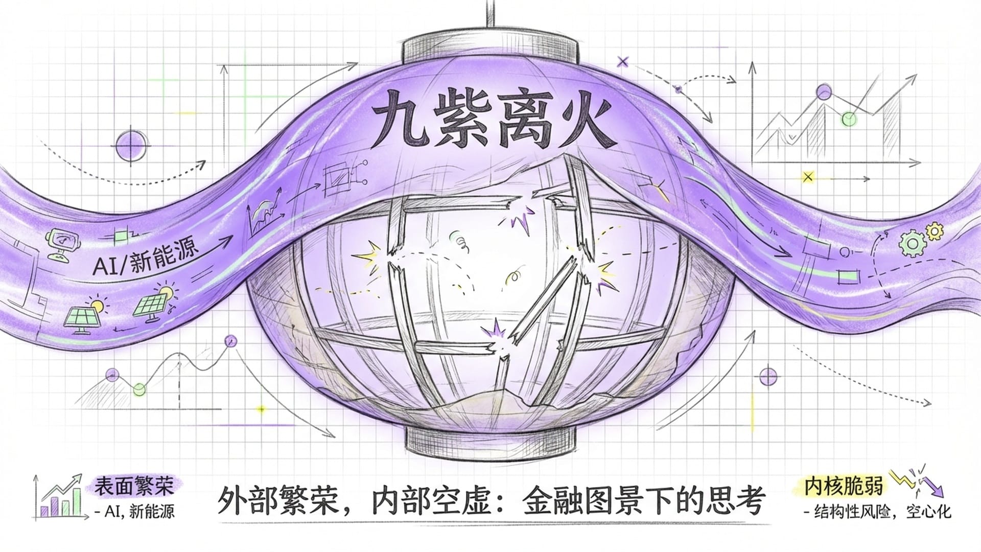 一只巨大的发光紫色灯笼（代表九紫离火），外壳流光溢彩（标注：AI/新能源），但透过薄纸能看到内部支架正在断裂。